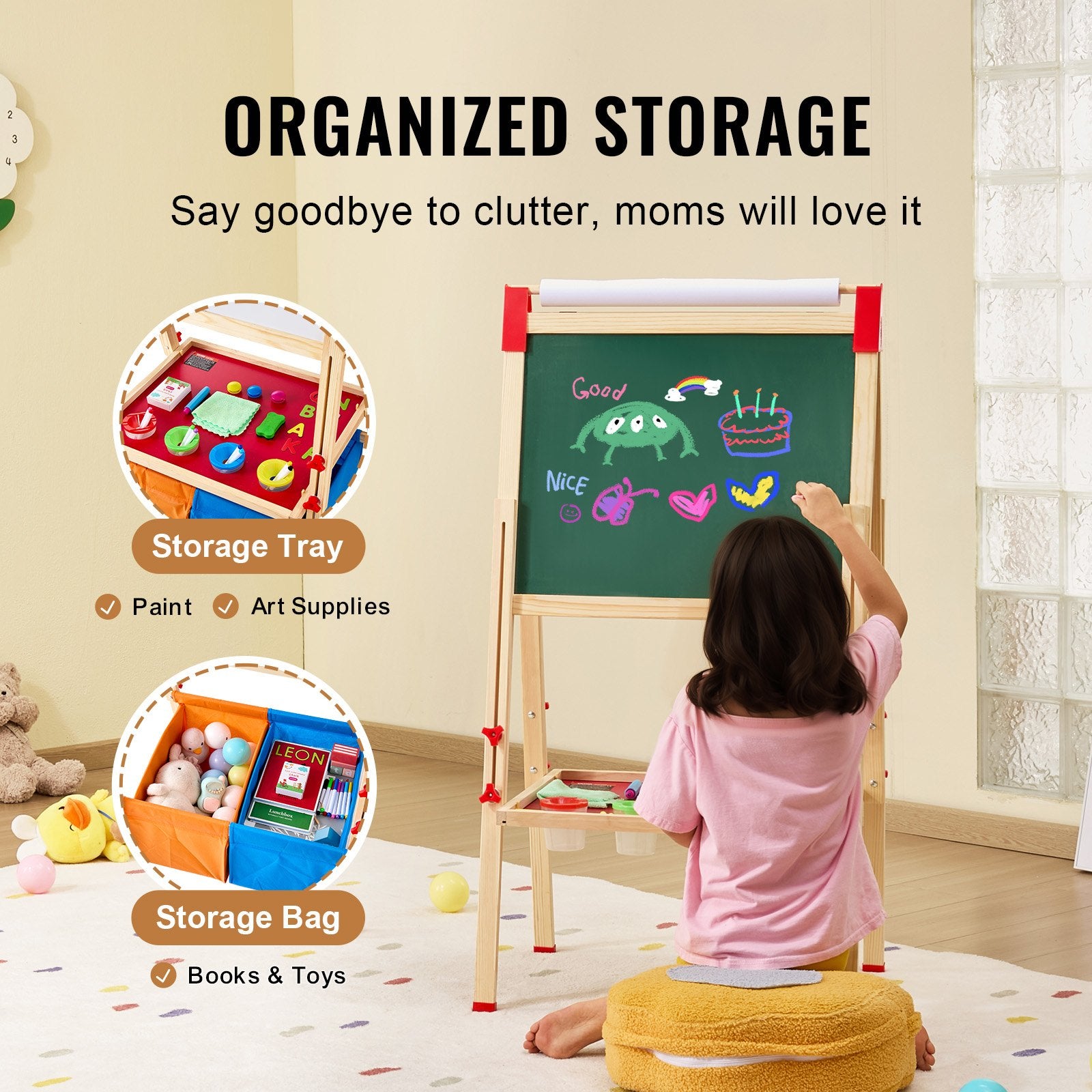Art Easel for Kids, 3-in-1 Wooden Double-Sided Kid's Art Easel with Magnetic Whiteboard, Chalkboard, Paper Roll, Adjustable Standing Drawing Board with Painting Accessories, Storage for Boy Girl