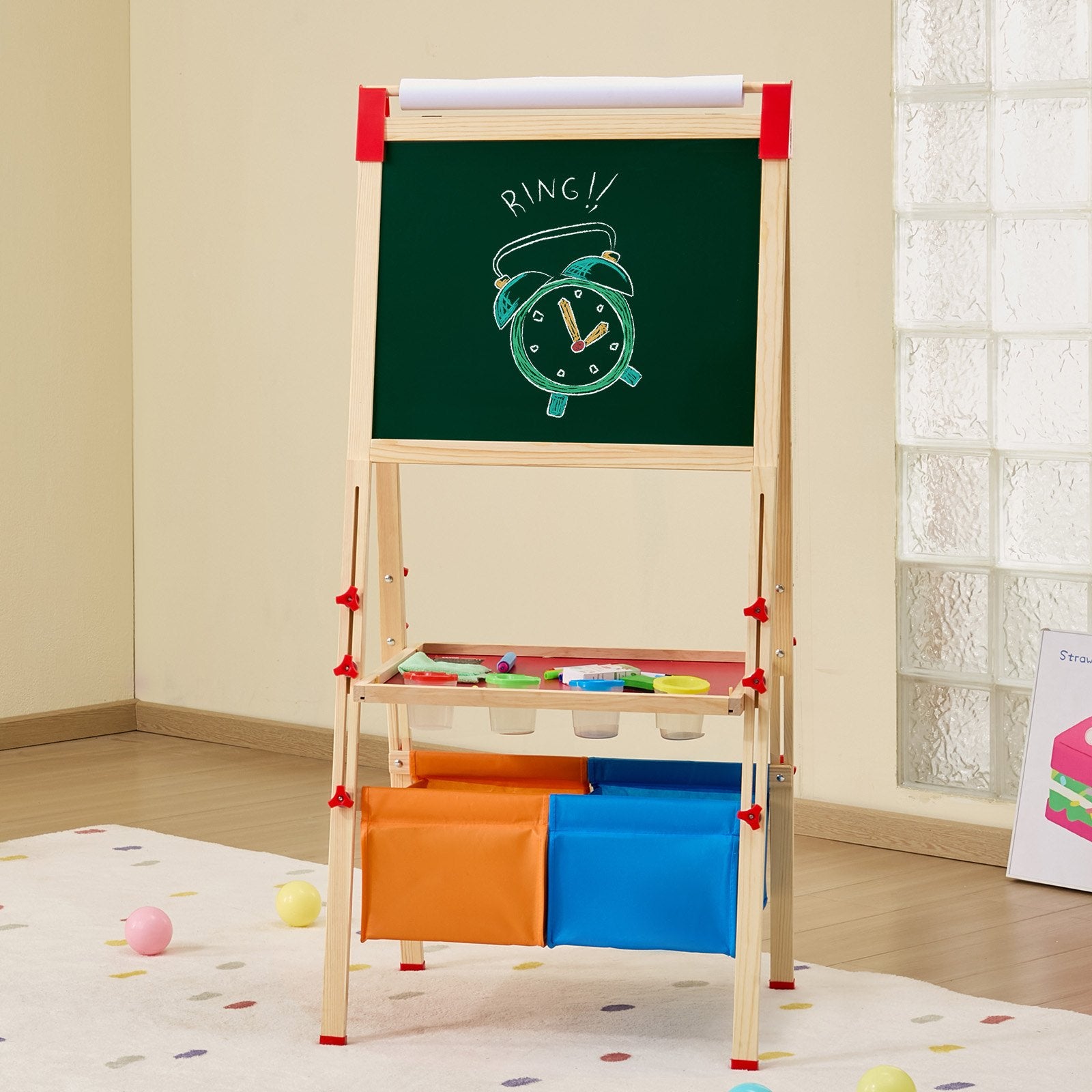 Art Easel for Kids, 3-in-1 Wooden Double-Sided Kid's Art Easel with Magnetic Whiteboard, Chalkboard, Paper Roll, Adjustable Standing Drawing Board with Painting Accessories, Storage for Boy Girl