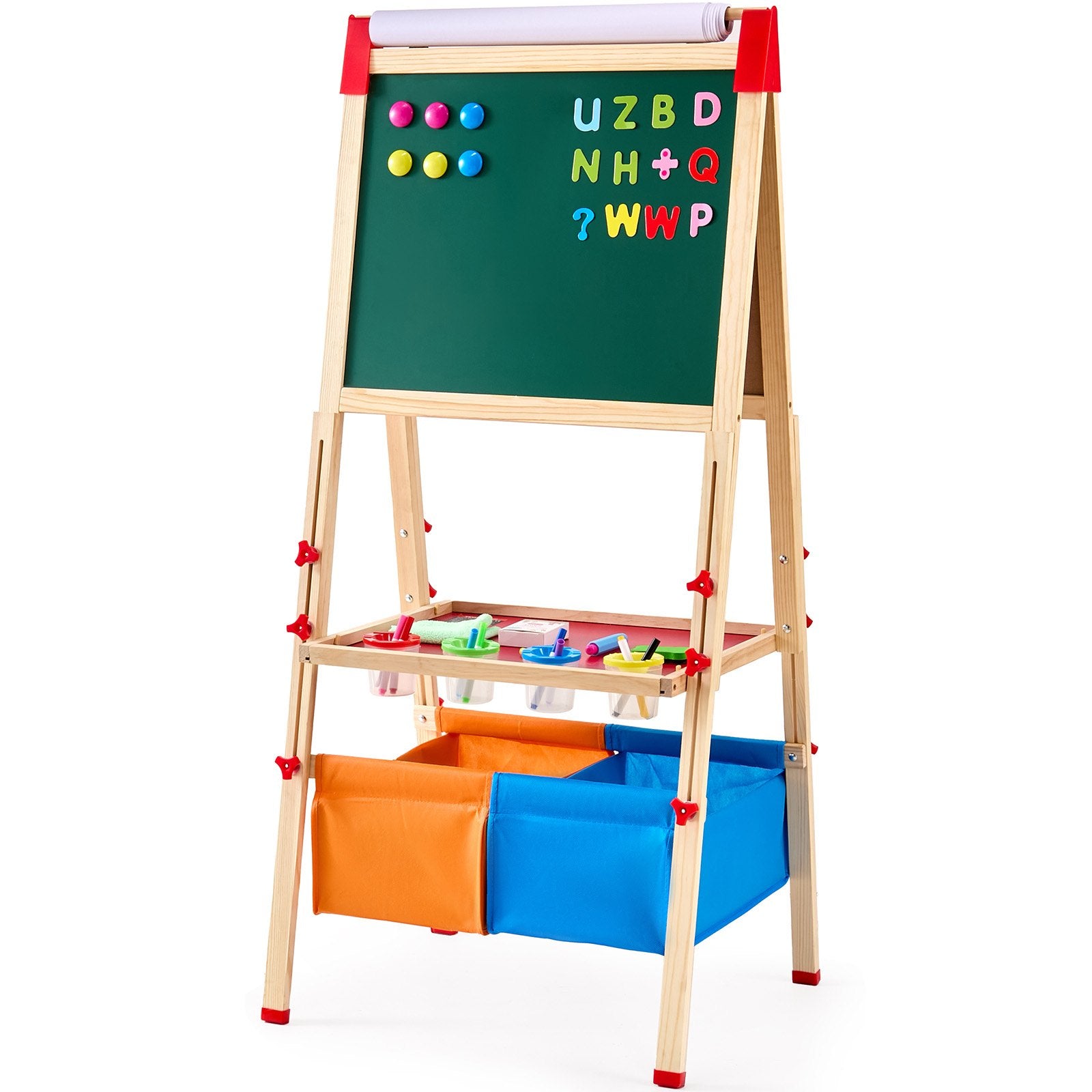Art Easel for Kids, 3-in-1 Wooden Double-Sided Kid's Art Easel with Magnetic Whiteboard, Chalkboard, Paper Roll, Adjustable Standing Drawing Board with Painting Accessories, Storage for Boy Girl