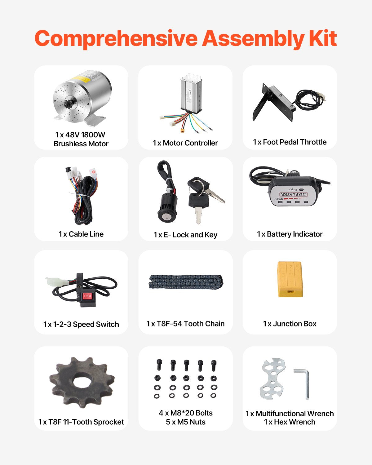 Bicycle Stands & Storage: VEVOR 1800W Electric Brushless DC Motor Kit - 48V 4500rpm Motor with Upgraded Speed Controller, Foot Pedal and Throttle Grip Kit for Go Karts E-Bike Motorcycle Scooter