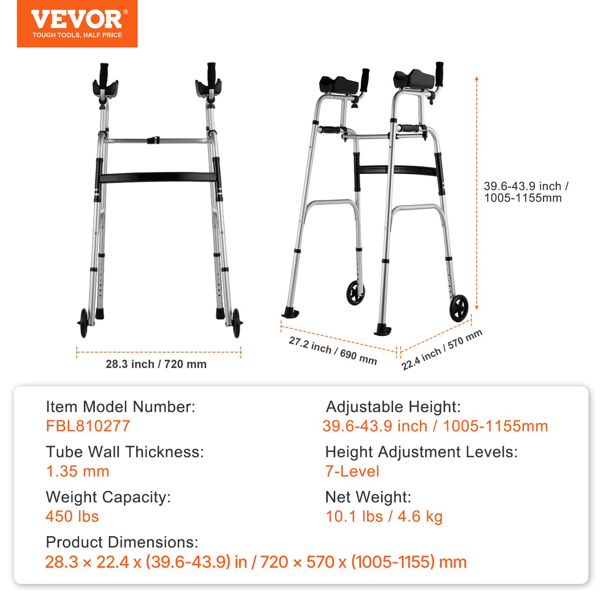 2 in 1 Folding Walker & Removable Armrests, Height Adjustable Foldable Walker with 5" Solid Wheels, Lightweight Aluminum | Front Wheeled Mobility Aid for Elderly Handicapped Disabled, 450 Pounds