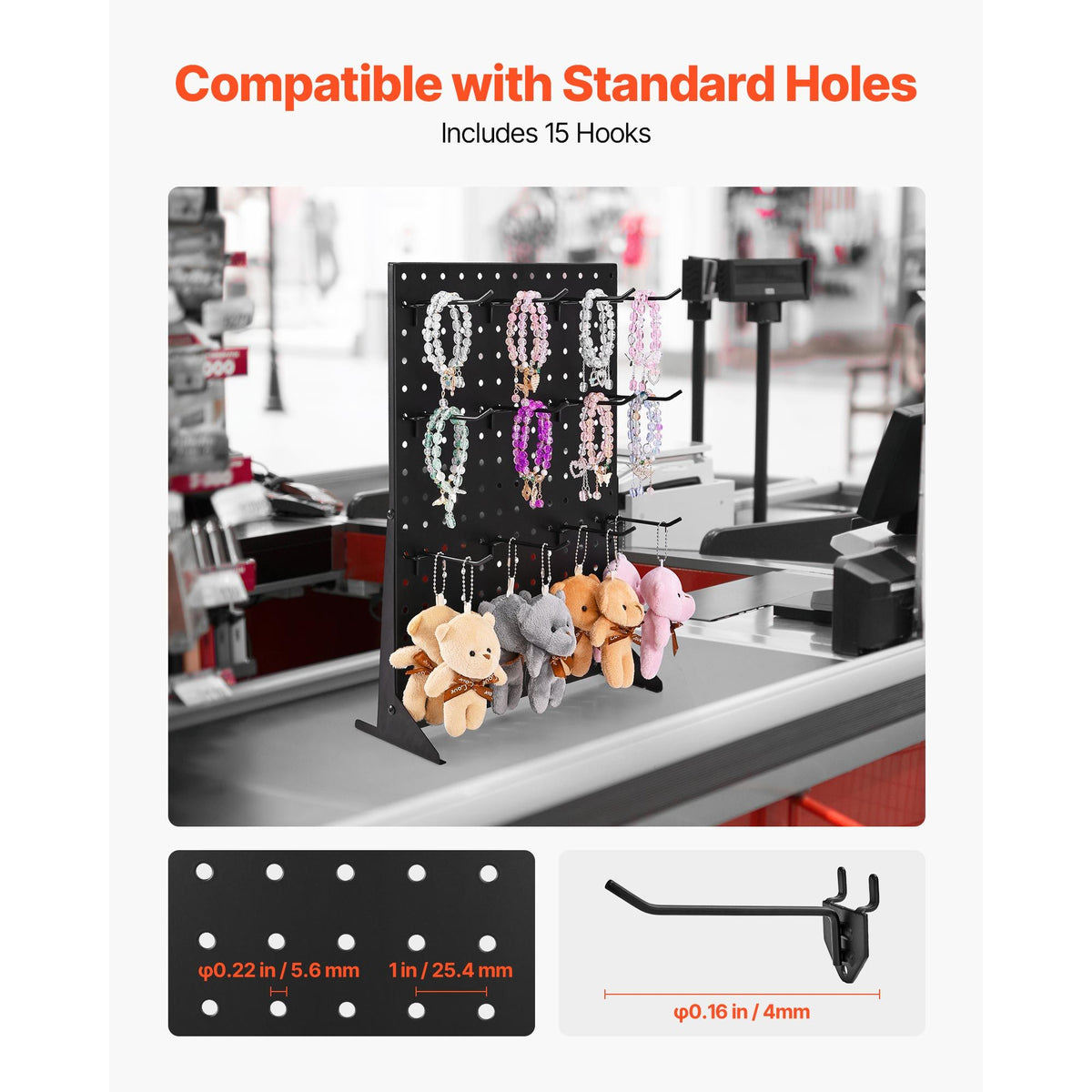 Pegboard Display Stand, 43 x 33 cm Tabletop Pegboard Display Stand with 15 Hooks, Thickened Cold-Rolled Steel Peg Board Panel for Grocery, Retail Store and Jewelry Shop, Black (1 PCS)