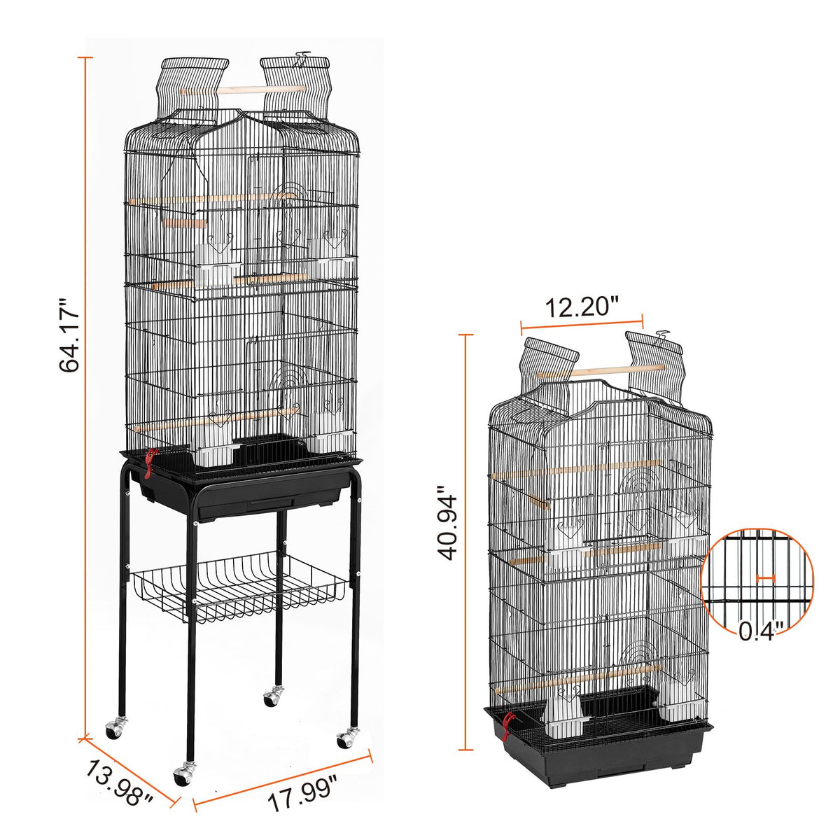 Large Bird Cage, 62 in, Open Top Parakeet Cage with Rolling Stand,  Steel Bird Flight Cage with Removable Tray, Budgie Birdcage with 4 Perches, Parrot Cage for Lovebirds Cockatiels Pet Toy