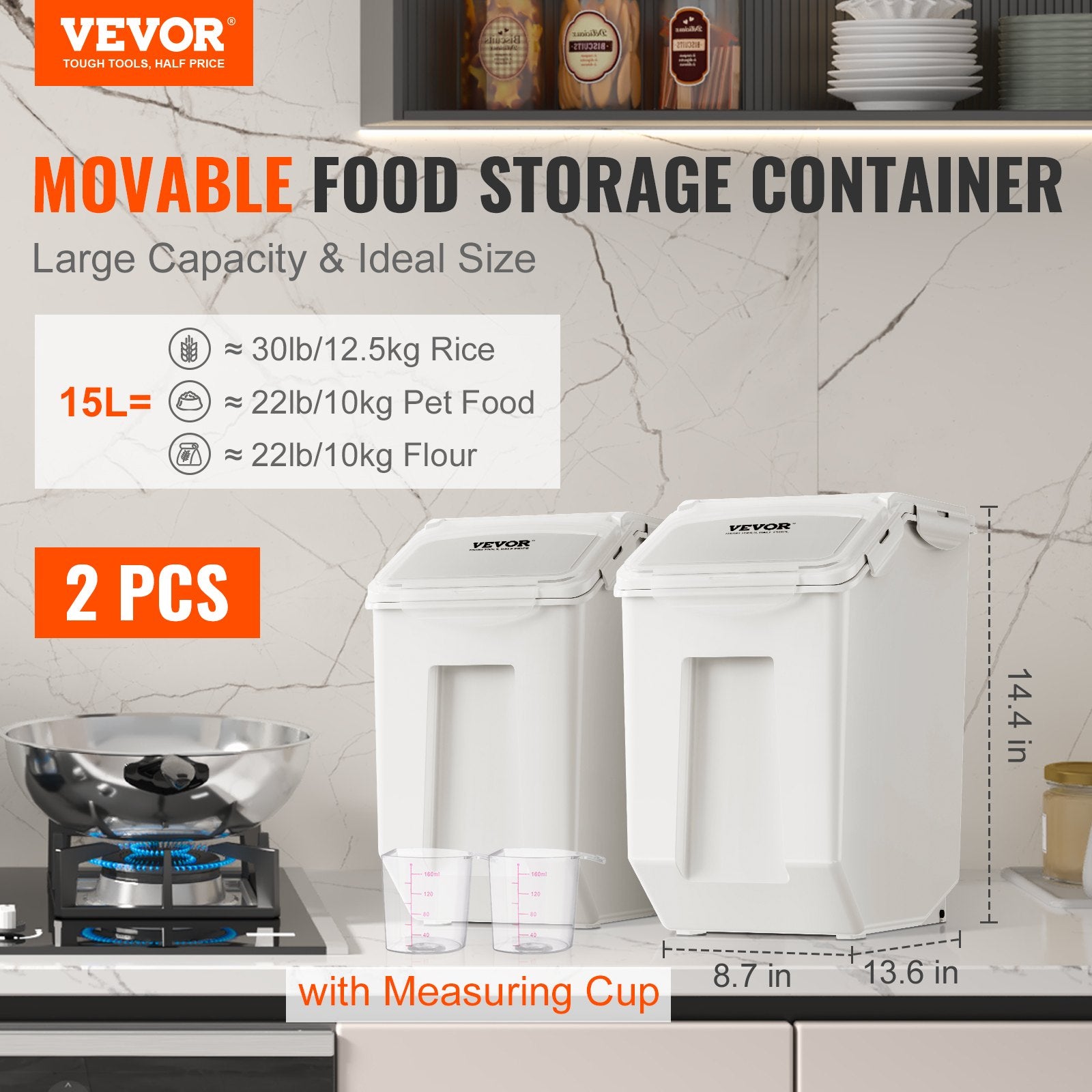 Food Storage: VEVOR Ingredient Storage Bin, 2 x 15L Dispenser Bin with 2 Measuring Cups, Attachable Casters and Airtight Lid, 2 Pcs/Set Dog Pet Food Storage Container, PP Material Kitchen Rice Cereal Flour Bin