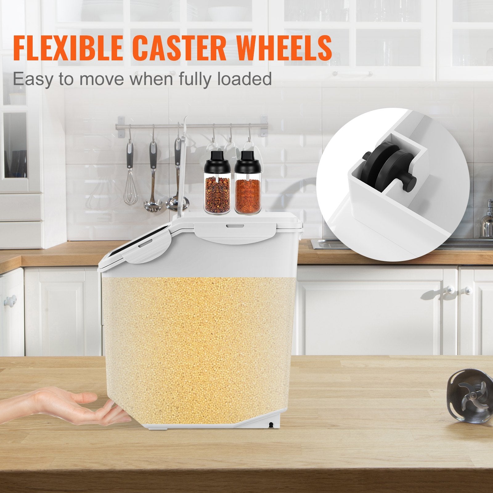 Food Storage: VEVOR Ingredient Storage Bin, 2 x 15L Dispenser Bin with 2 Measuring Cups, Attachable Casters and Airtight Lid, 2 Pcs/Set Dog Pet Food Storage Container, PP Material Kitchen Rice Cereal Flour Bin