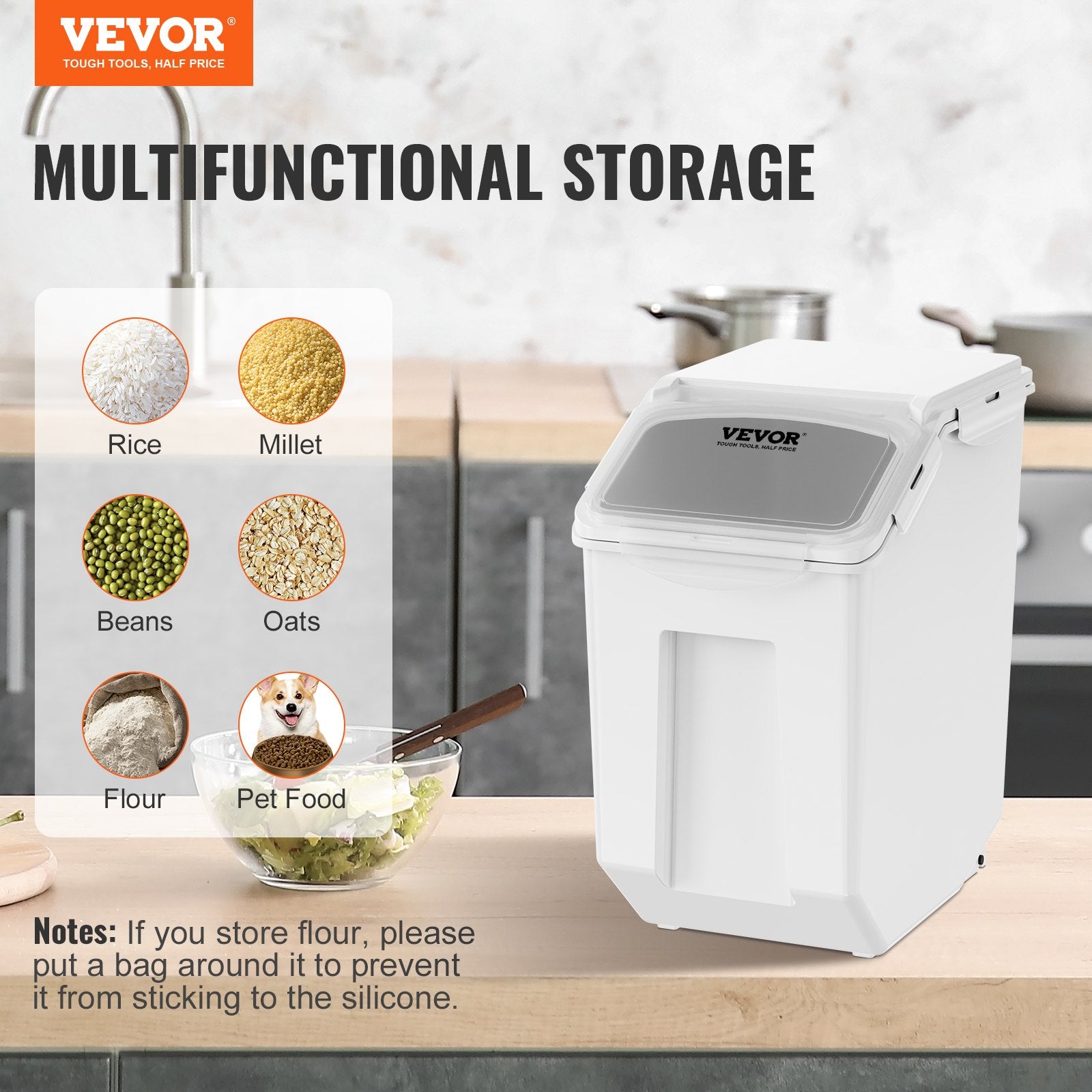 Food Storage: VEVOR Ingredient Storage Bin, 2 x 15L Dispenser Bin with 2 Measuring Cups, Attachable Casters and Airtight Lid, 2 Pcs/Set Dog Pet Food Storage Container, PP Material Kitchen Rice Cereal Flour Bin