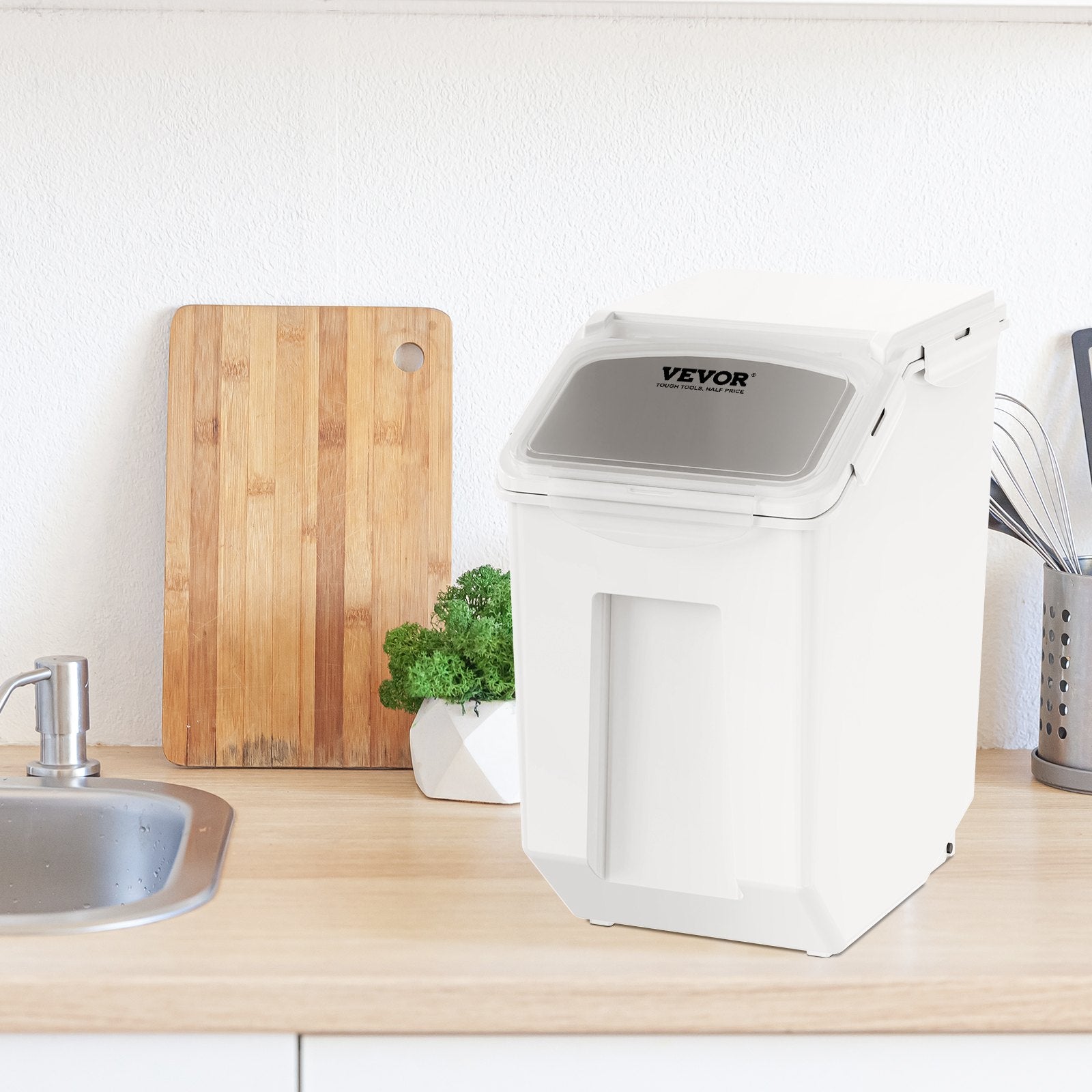 Food Storage: VEVOR Ingredient Storage Bin, 2 x 15L Dispenser Bin with 2 Measuring Cups, Attachable Casters and Airtight Lid, 2 Pcs/Set Dog Pet Food Storage Container, PP Material Kitchen Rice Cereal Flour Bin