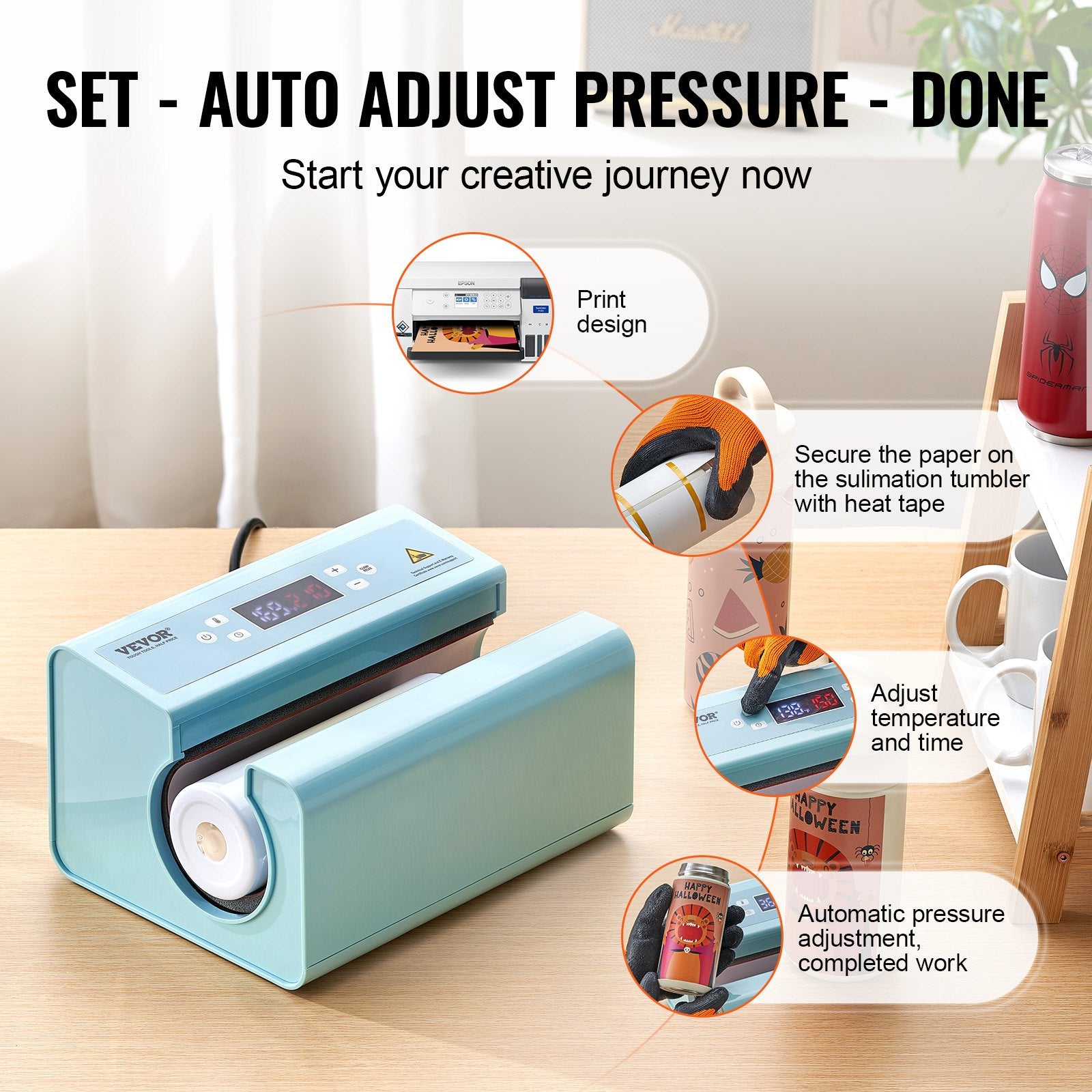Auto Tumbler Heat Press Machine 325-887 ml Sublimation Mug Heat Press Blue