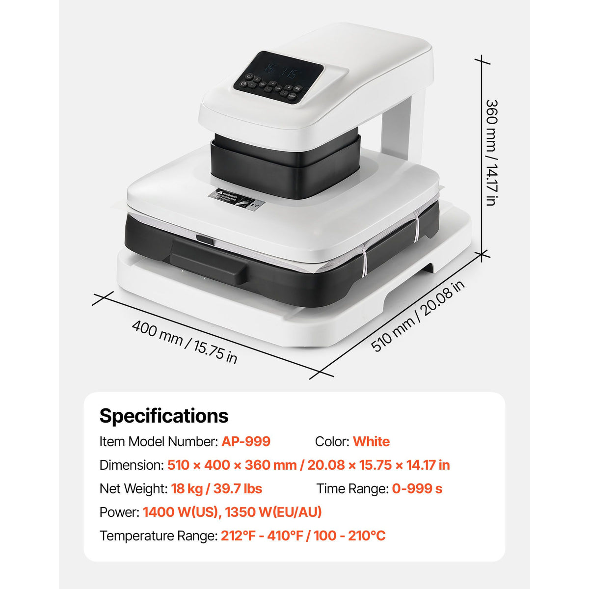 Auto Heat Press Machine, 38 x 38 cm, T-Shirt Press Machine with Auto Release and Adjustable Pressure, Digital Display, Rapid Heating, for Sublimation, Vinyl, Heat Transfer Projects, White