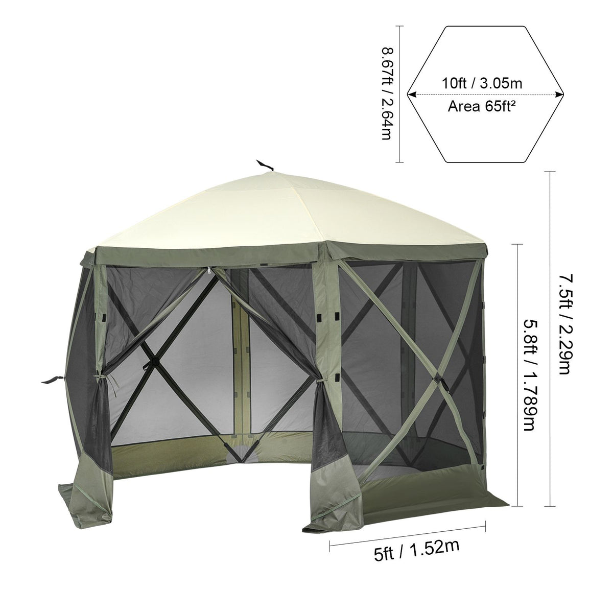 Pop Up Gazebo Tent, Pop-Up Screen Tent 6 Sided Canopy Sun Shelter with 6 Removable Privacy Wind Cloths & Mesh Windows, 10x10FT Quick Set Screen Tent with Mosquito Netting, Army Green