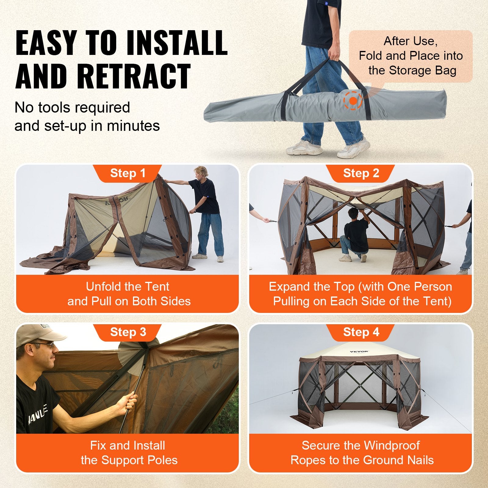 Tents: VEVOR Pop Up Gazebo Tent, Pop-Up Screen Tent 6 Sided Canopy Sun Shelter with 6 Removable Privacy Wind Cloths & Mesh Windows, 11.5x11.5FT Quick Set Screen Tent with Mosquito Netting, Brown