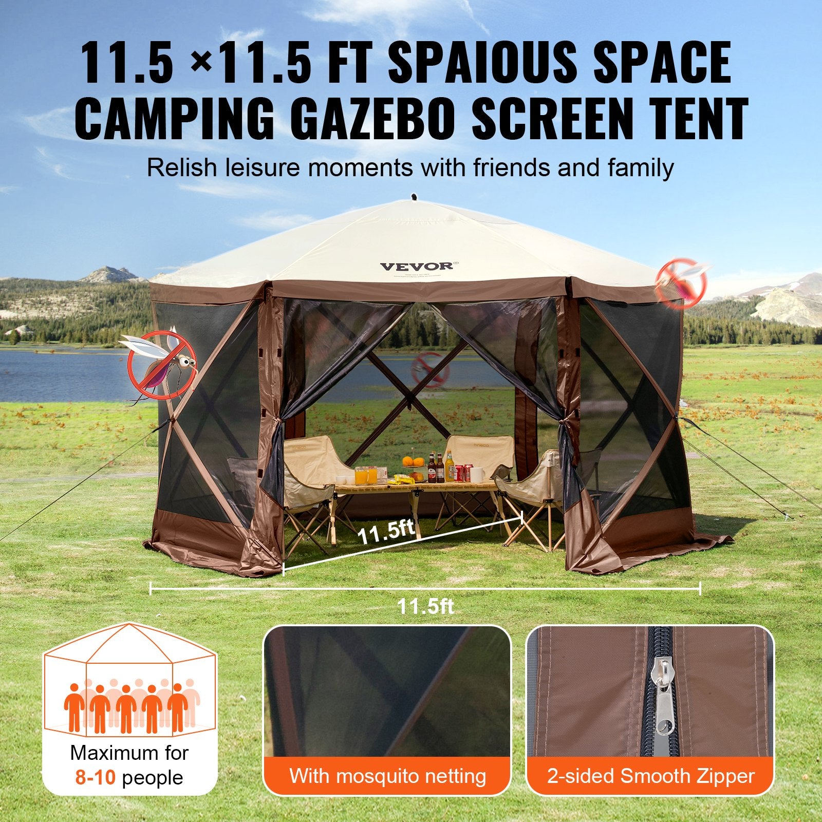 Tents: VEVOR Pop Up Gazebo Tent, Pop-Up Screen Tent 6 Sided Canopy Sun Shelter with 6 Removable Privacy Wind Cloths & Mesh Windows, 11.5x11.5FT Quick Set Screen Tent with Mosquito Netting, Brown