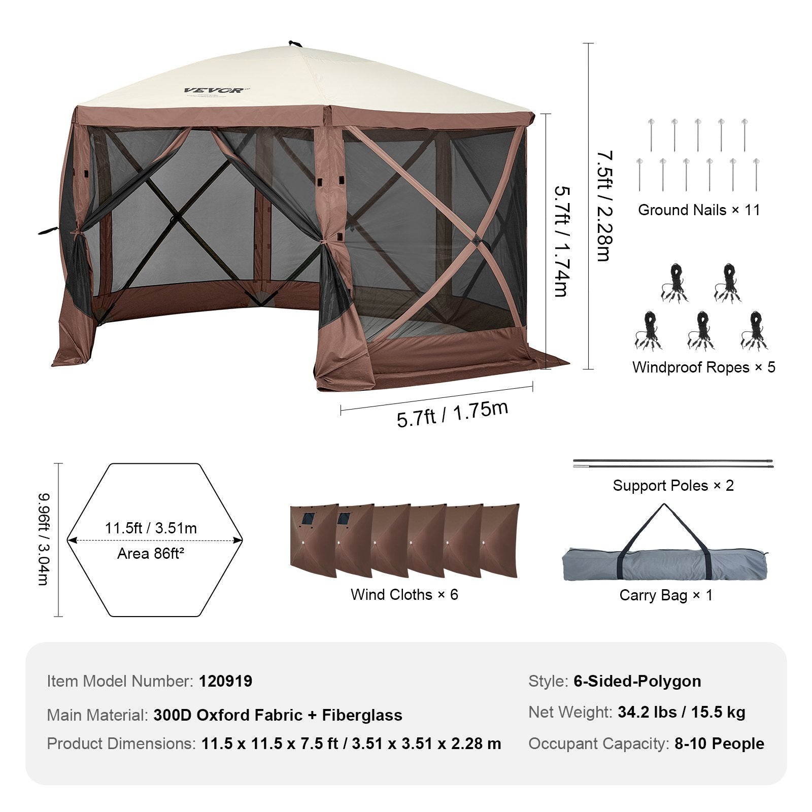 Tents: VEVOR Pop Up Gazebo Tent, Pop-Up Screen Tent 6 Sided Canopy Sun Shelter with 6 Removable Privacy Wind Cloths & Mesh Windows, 11.5x11.5FT Quick Set Screen Tent with Mosquito Netting, Brown