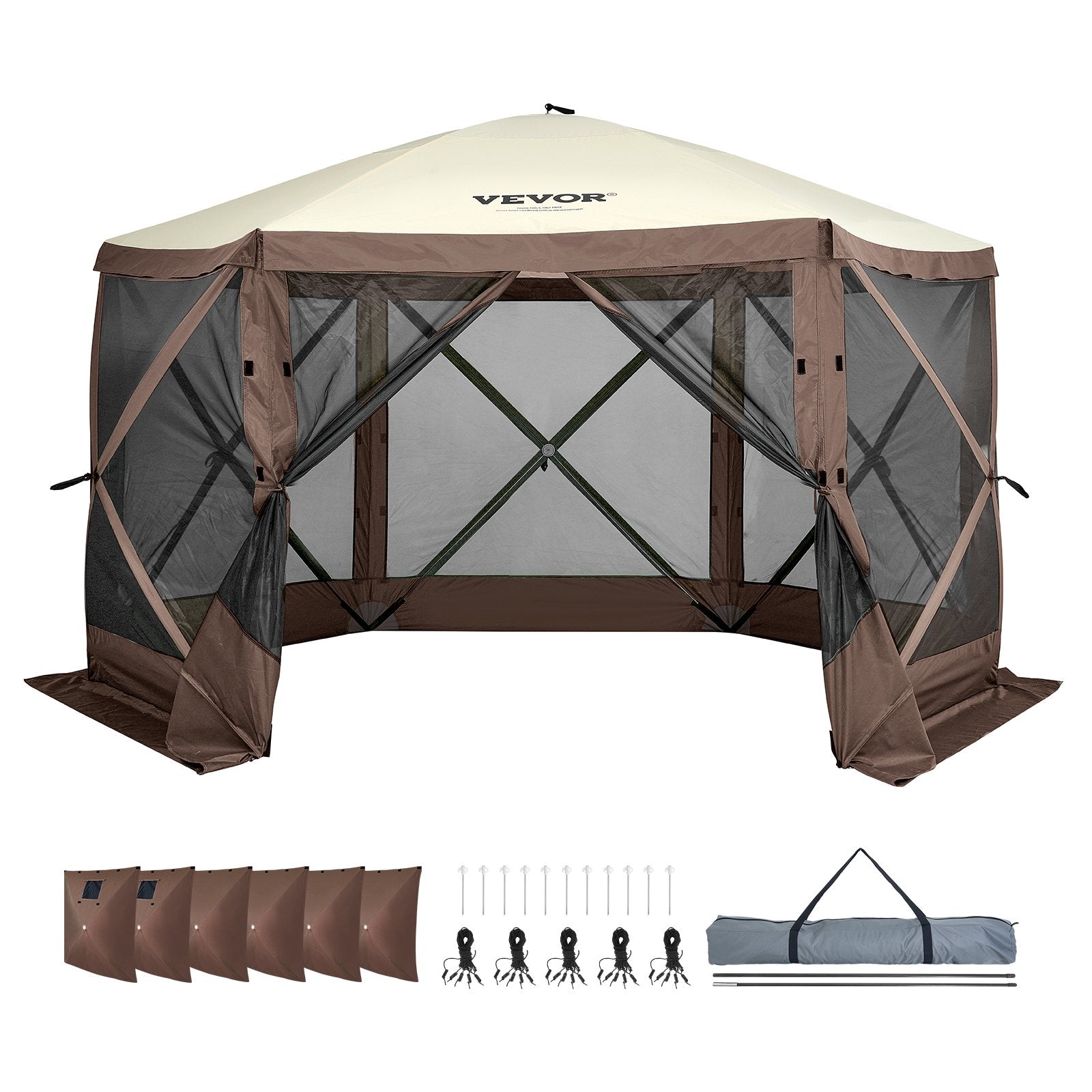 Tents: VEVOR Pop Up Gazebo Tent, Pop-Up Screen Tent 6 Sided Canopy Sun Shelter with 6 Removable Privacy Wind Cloths & Mesh Windows, 11.5x11.5FT Quick Set Screen Tent with Mosquito Netting, Brown