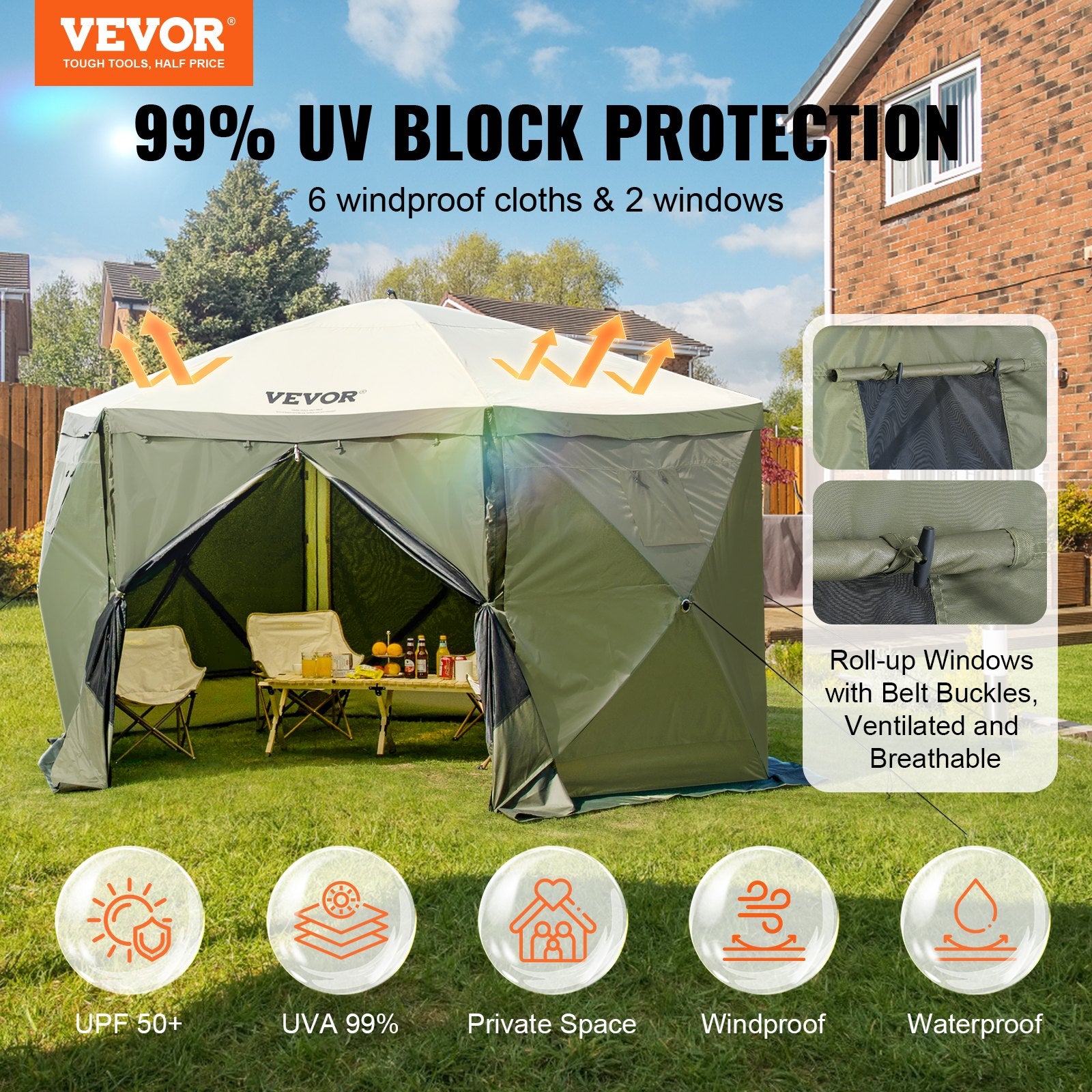 Tents: VEVOR Pop Up Gazebo Tent, Pop-Up Screen Tent 6 Sided Canopy Sun Shelter with 6 Removable Privacy Wind Cloths & Mesh Windows, 12x12FT Quick Set Screen Tent with Mosquito Netting, Army Green