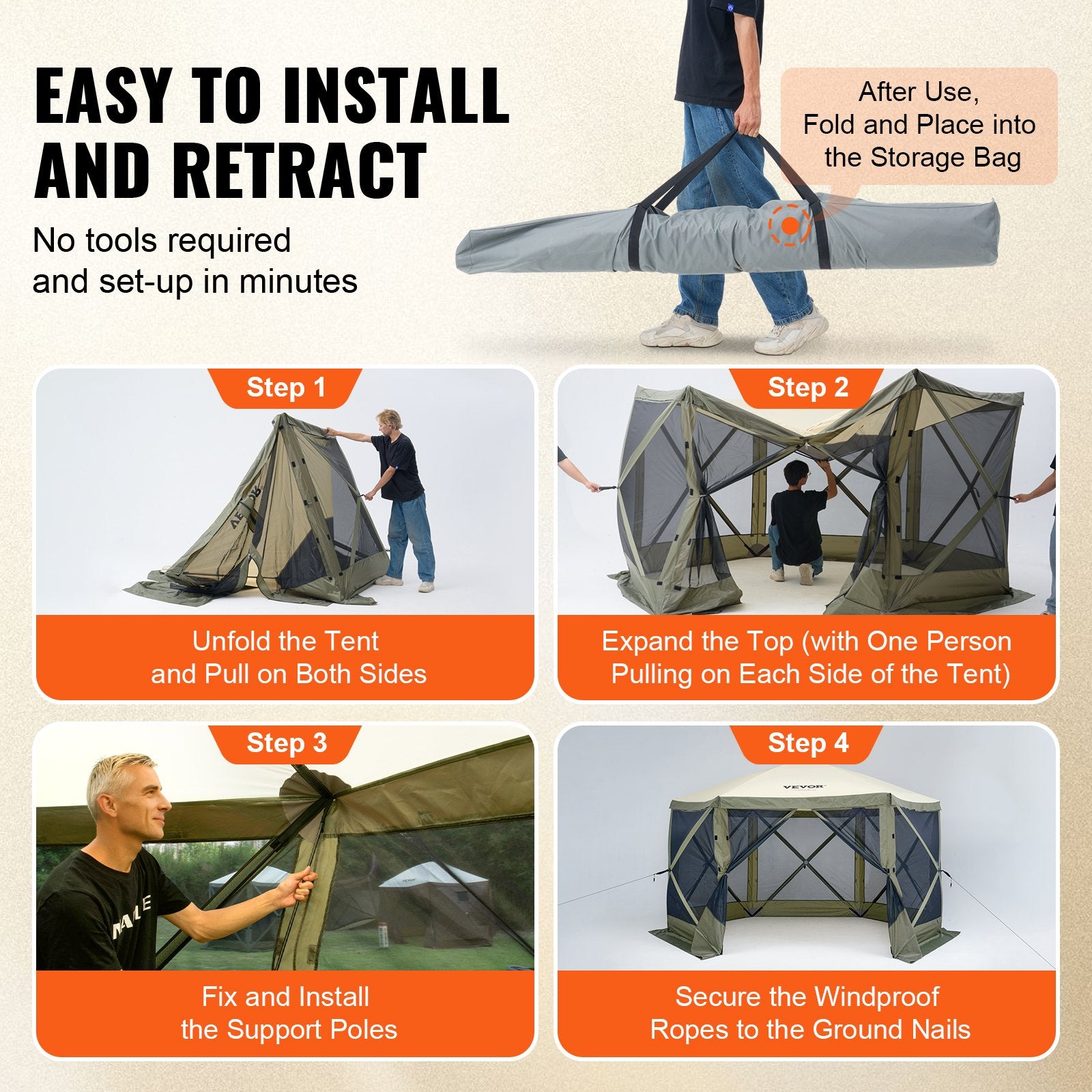 Tents: VEVOR Pop Up Gazebo Tent, Pop-Up Screen Tent 6 Sided Canopy Sun Shelter with 6 Removable Privacy Wind Cloths & Mesh Windows, 12x12FT Quick Set Screen Tent with Mosquito Netting, Army Green