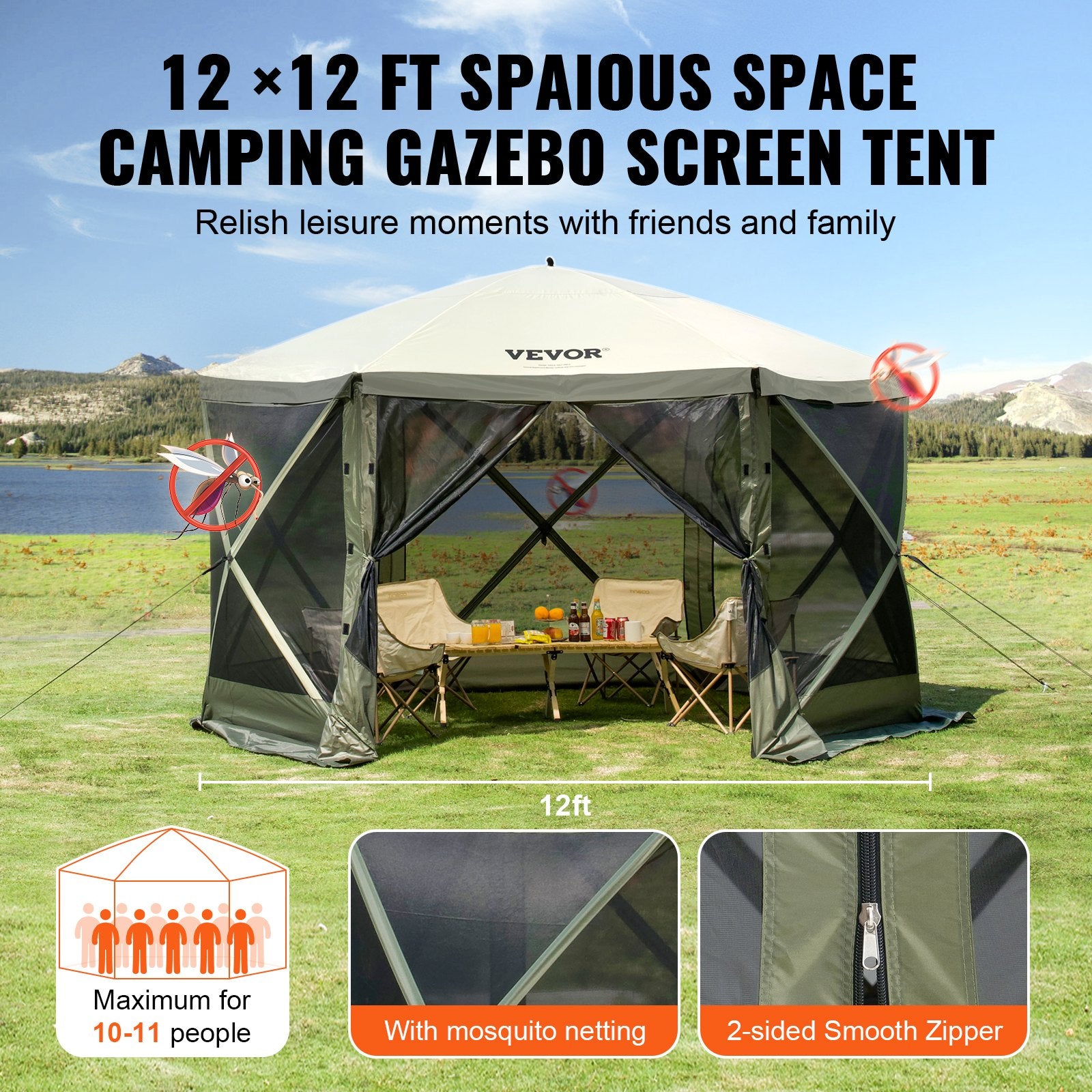 Tents: VEVOR Pop Up Gazebo Tent, Pop-Up Screen Tent 6 Sided Canopy Sun Shelter with 6 Removable Privacy Wind Cloths & Mesh Windows, 12x12FT Quick Set Screen Tent with Mosquito Netting, Army Green