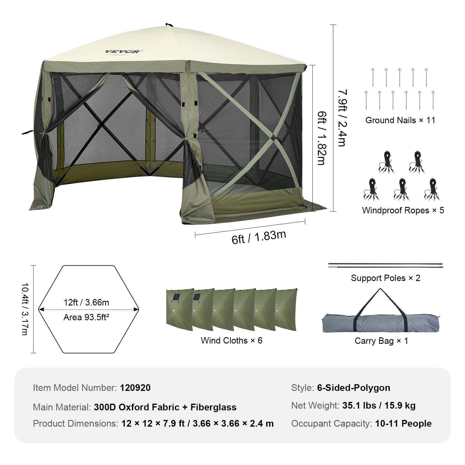 Tents: VEVOR Pop Up Gazebo Tent, Pop-Up Screen Tent 6 Sided Canopy Sun Shelter with 6 Removable Privacy Wind Cloths & Mesh Windows, 12x12FT Quick Set Screen Tent with Mosquito Netting, Army Green