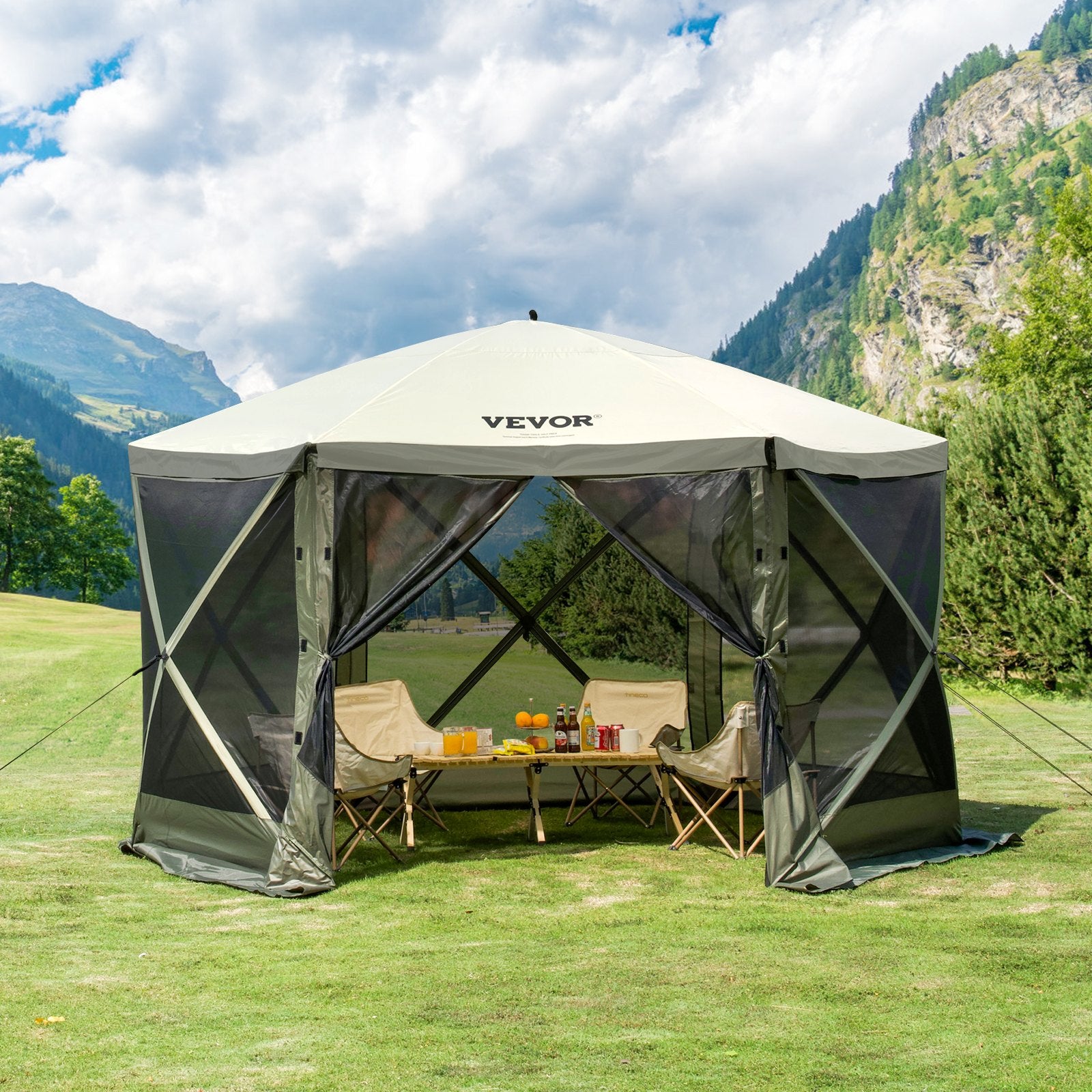 Tents: VEVOR Pop Up Gazebo Tent, Pop-Up Screen Tent 6 Sided Canopy Sun Shelter with 6 Removable Privacy Wind Cloths & Mesh Windows, 12x12FT Quick Set Screen Tent with Mosquito Netting, Army Green