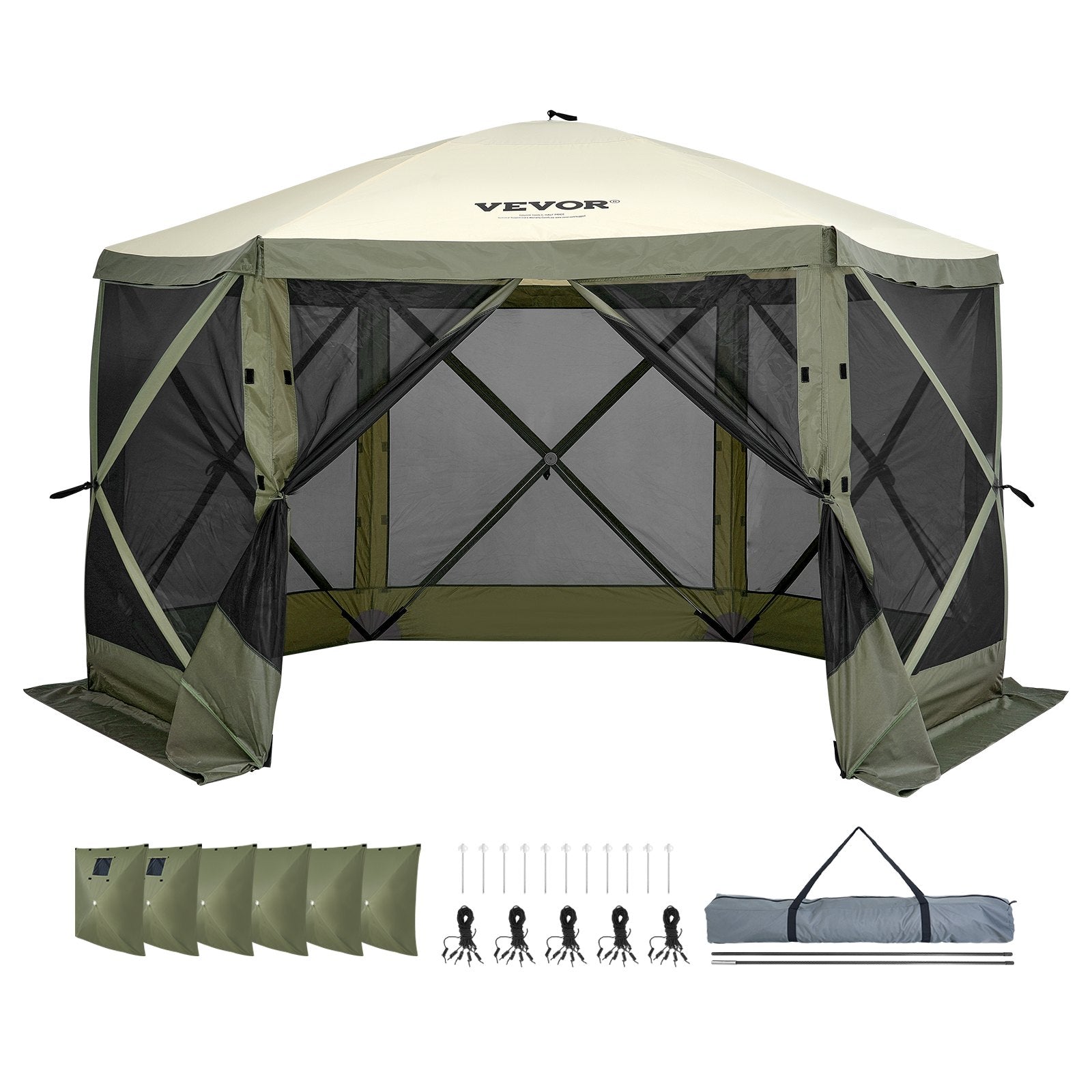 Tents: VEVOR Pop Up Gazebo Tent, Pop-Up Screen Tent 6 Sided Canopy Sun Shelter with 6 Removable Privacy Wind Cloths & Mesh Windows, 12x12FT Quick Set Screen Tent with Mosquito Netting, Army Green