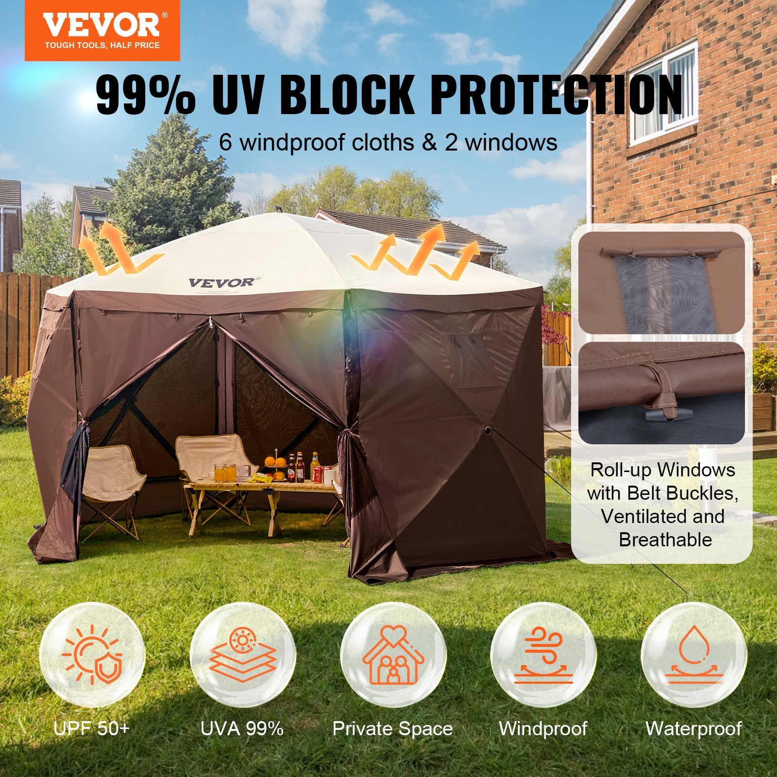 Tents: VEVOR Pop Up Gazebo Tent, Pop-Up Screen Tent 6 Sided Canopy Sun Shelter with 6 Removable Privacy Wind Cloths & Mesh Windows, 12.5x12.5FT Quick Set Screen Tent with Mosquito Netting, Brown