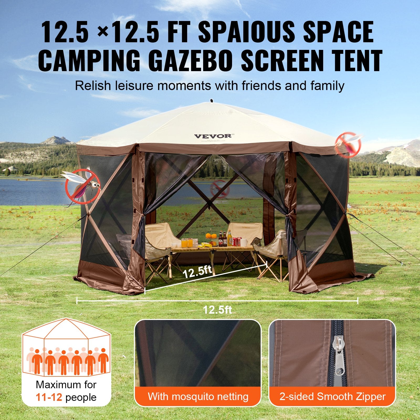 Tents: VEVOR Pop Up Gazebo Tent, Pop-Up Screen Tent 6 Sided Canopy Sun Shelter with 6 Removable Privacy Wind Cloths & Mesh Windows, 12.5x12.5FT Quick Set Screen Tent with Mosquito Netting, Brown