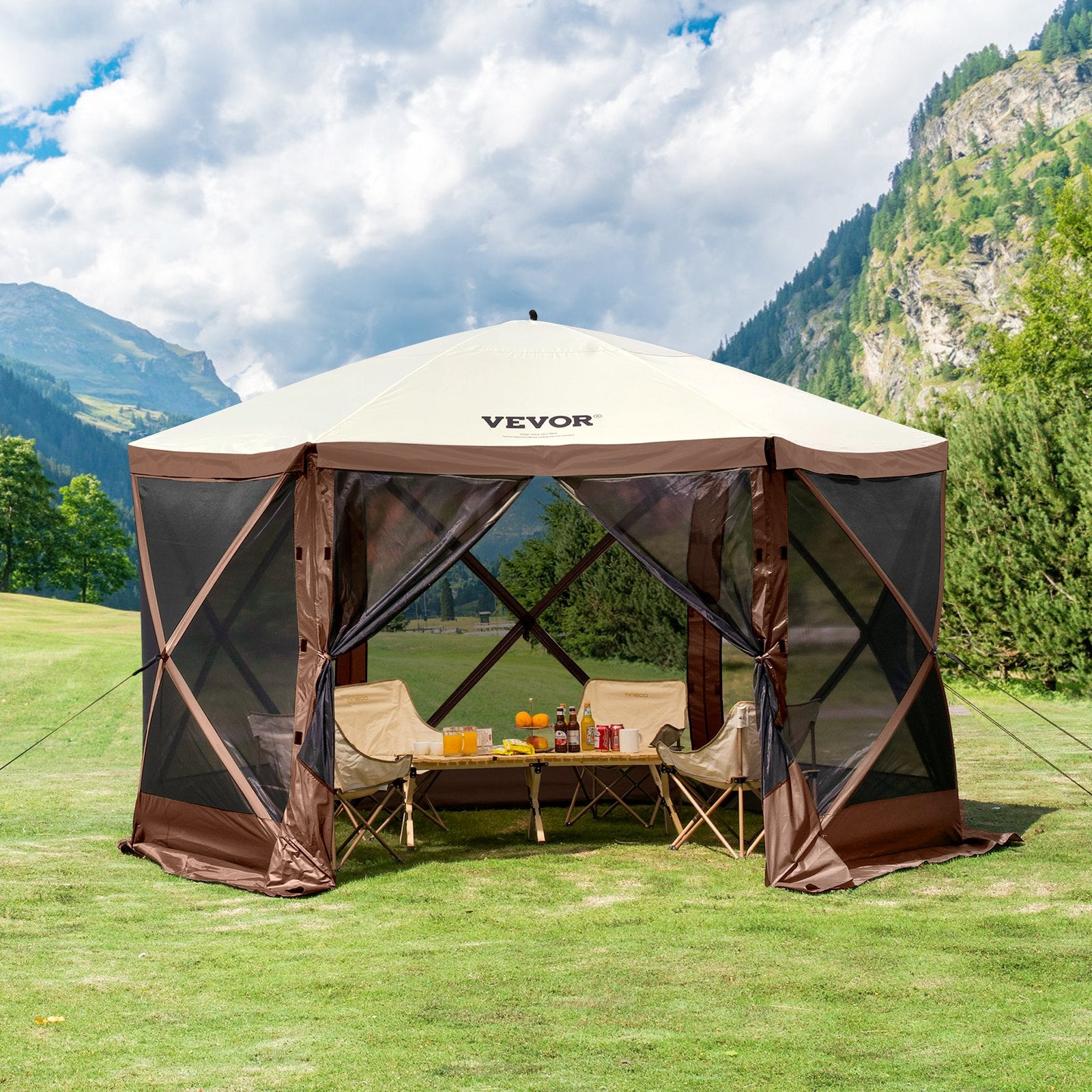Tents: VEVOR Pop Up Gazebo Tent, Pop-Up Screen Tent 6 Sided Canopy Sun Shelter with 6 Removable Privacy Wind Cloths & Mesh Windows, 12.5x12.5FT Quick Set Screen Tent with Mosquito Netting, Brown