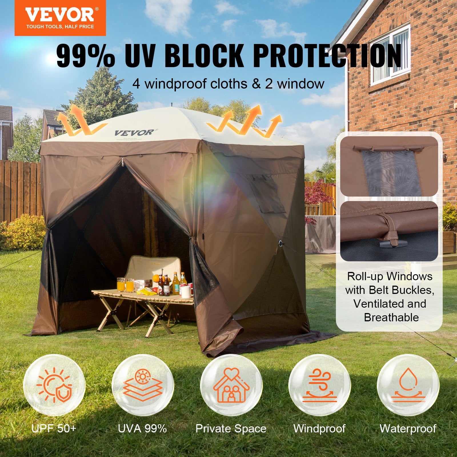 Tents: VEVOR Pop Up Gazebo Tent, Pop-Up Screen Tent 4 Sided Canopy Sun Shelter with 4 Removable Privacy Wind Cloths & Mesh Windows, 6x6FT Quick Set Screen Tent with Mosquito Netting, Brown