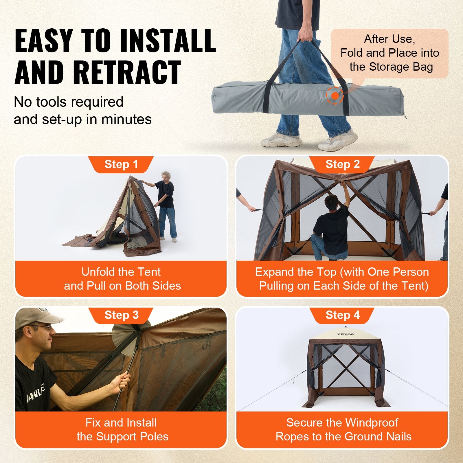 Tents: VEVOR Pop Up Gazebo Tent, Pop-Up Screen Tent 4 Sided Canopy Sun Shelter with 4 Removable Privacy Wind Cloths & Mesh Windows, 6x6FT Quick Set Screen Tent with Mosquito Netting, Brown