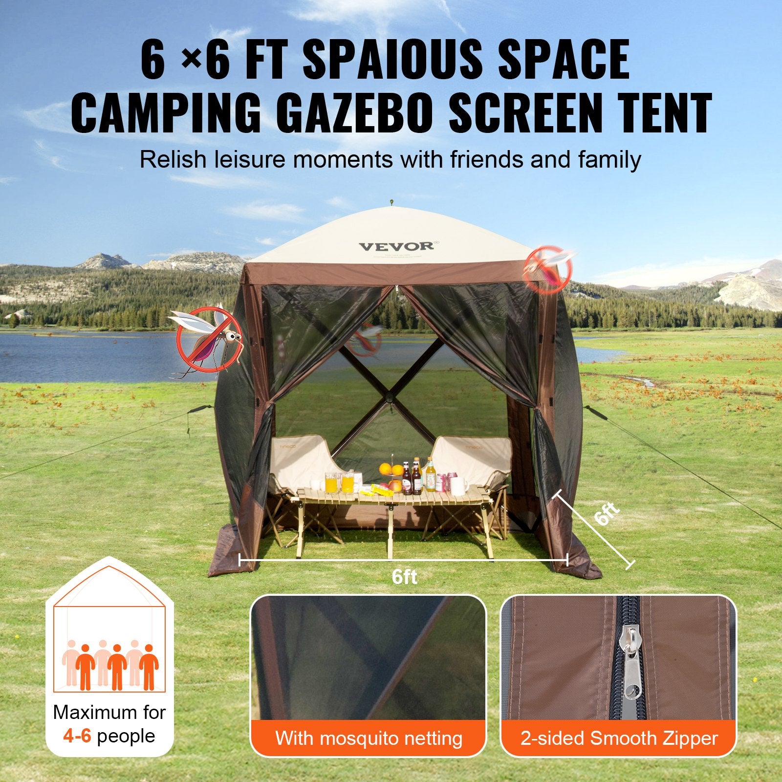 Tents: VEVOR Pop Up Gazebo Tent, Pop-Up Screen Tent 4 Sided Canopy Sun Shelter with 4 Removable Privacy Wind Cloths & Mesh Windows, 6x6FT Quick Set Screen Tent with Mosquito Netting, Brown