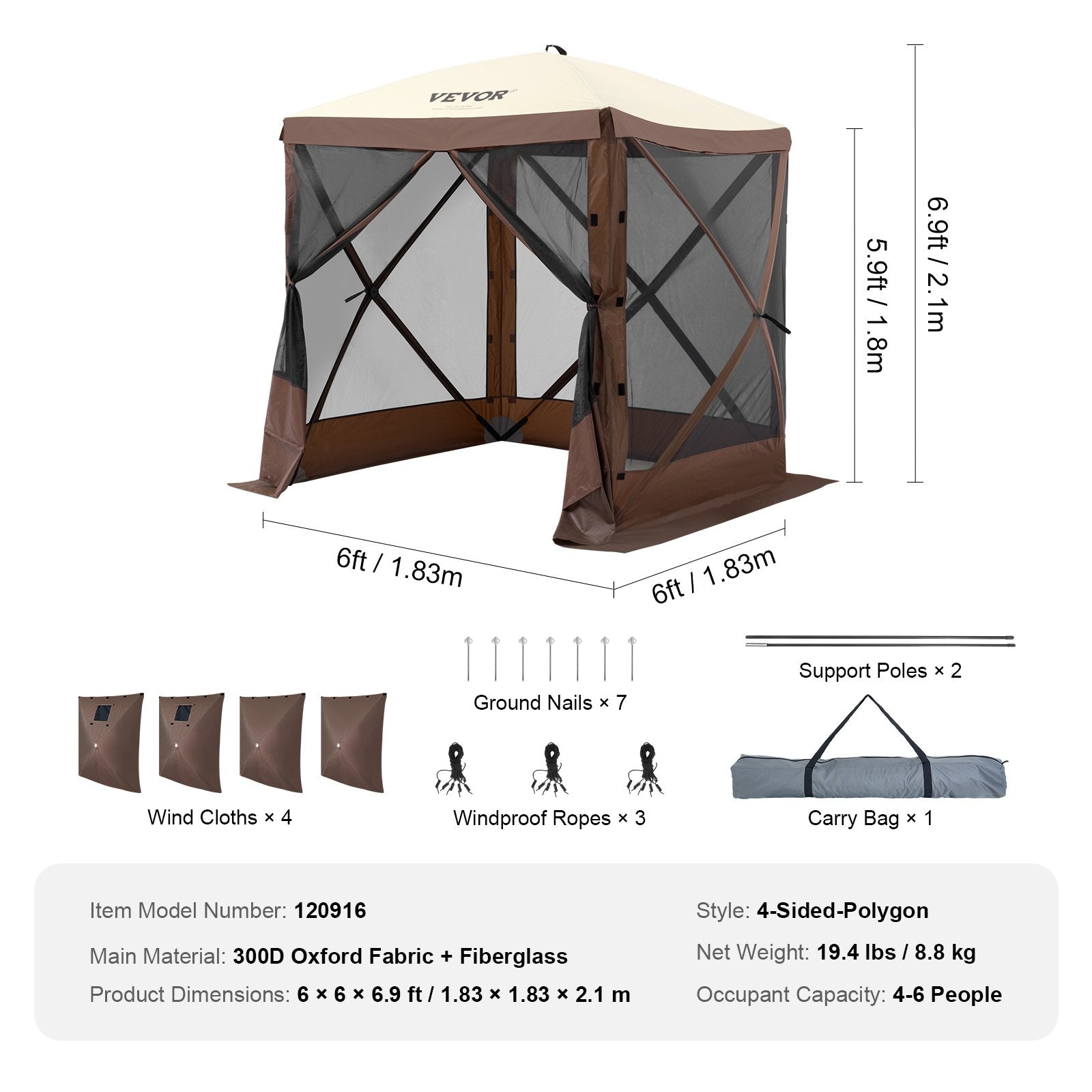 Tents: VEVOR Pop Up Gazebo Tent, Pop-Up Screen Tent 4 Sided Canopy Sun Shelter with 4 Removable Privacy Wind Cloths & Mesh Windows, 6x6FT Quick Set Screen Tent with Mosquito Netting, Brown