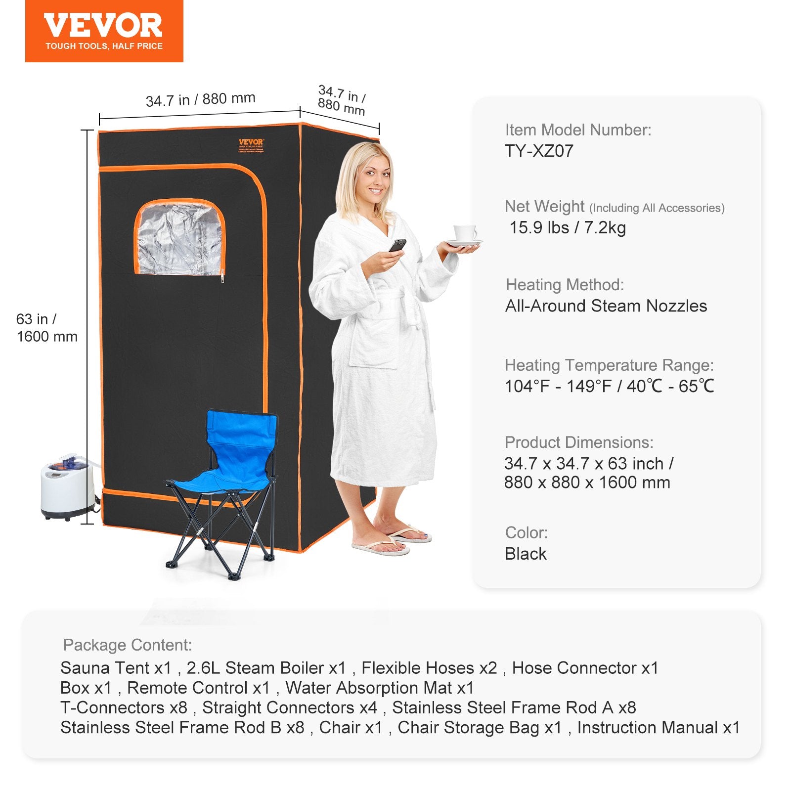 Outdoor Sofas & Lounge Sets: VEVOR Portable Steam Sauna Tent Full Size 1000W Personal Sauna Blanket W/ Chair, 880 x 880 x 1600 mm