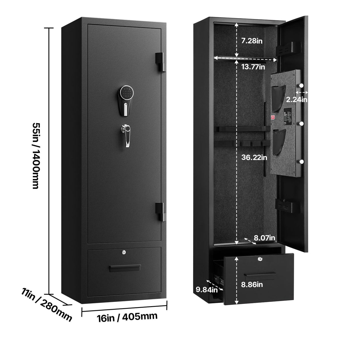 4 Gun Safe, Long Gun Cabinet for Rifles and Pistols, Quick Access Rifle Safe with 2 Ammo Slots, 2 Pistol Pockets & 2 Adjustable Racks, Large Digital Cabinet with Key and Password Lock