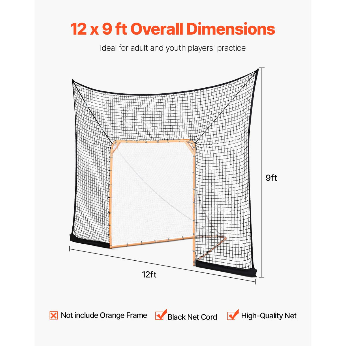 Hockey and Lacrosse Goal Backstop, 12x9 ft Lacrosse Net with Extended Coverage, Quick Easy Setup Complete Accessories Training Net, Backyard Lacrosse Equipment, for Youth Adult (NET ONLY)