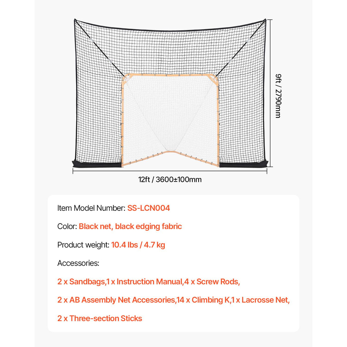 Hockey and Lacrosse Goal Backstop, 12x9 ft Lacrosse Net with Extended Coverage, Quick Easy Setup Complete Accessories Training Net, Backyard Lacrosse Equipment, for Youth Adult (NET ONLY)