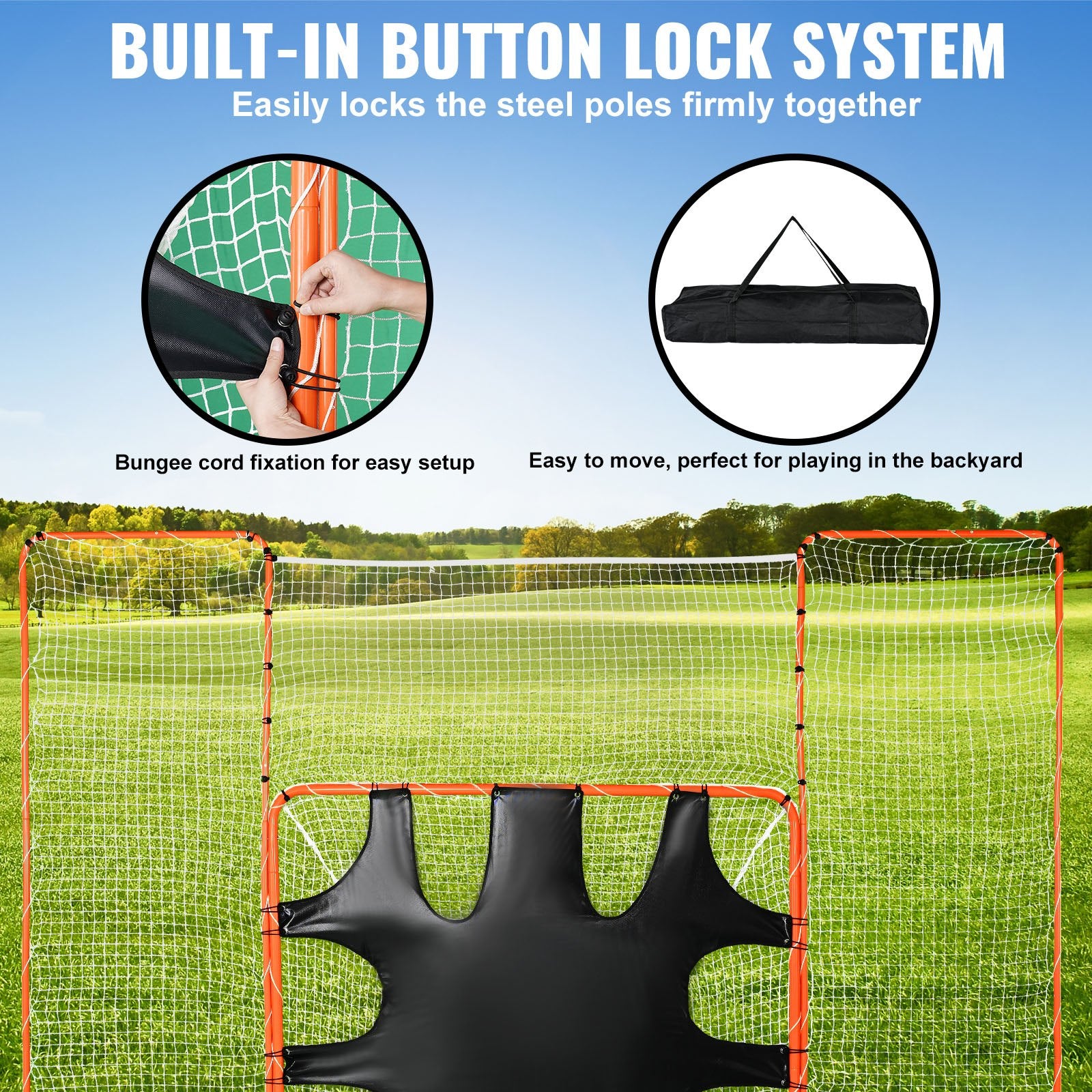3-IN-1 Lacrosse Goal with Backstop and Target,3.7mx2.7m Lacrosse Net, Steel Frame Backyard Lacrosse Rebounder Equipment, Quick & Easy Setup Training Net, Perfect for Youth Adult Training, Orange