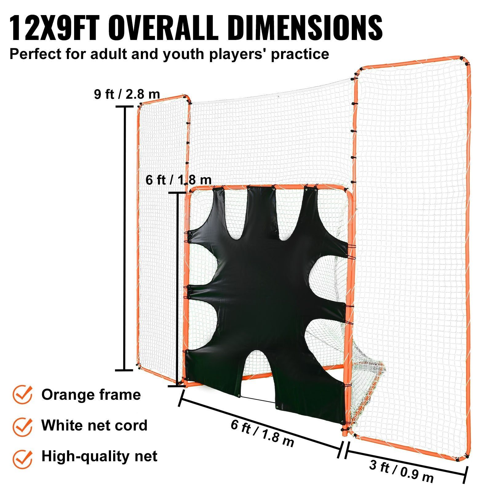 3-IN-1 Lacrosse Goal with Backstop and Target,3.7mx2.7m Lacrosse Net, Steel Frame Backyard Lacrosse Rebounder Equipment, Quick & Easy Setup Training Net, Perfect for Youth Adult Training, Orange