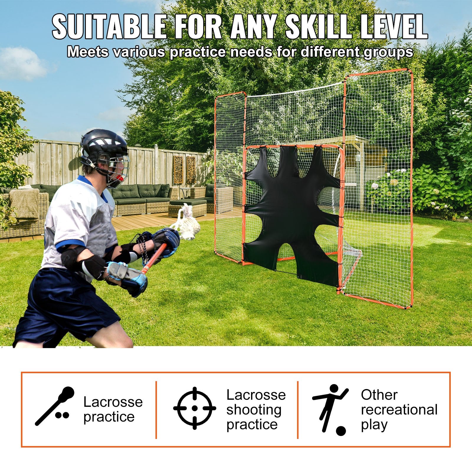 3-IN-1 Lacrosse Goal with Backstop and Target,3.7mx2.7m Lacrosse Net, Steel Frame Backyard Lacrosse Rebounder Equipment, Quick & Easy Setup Training Net, Perfect for Youth Adult Training, Orange