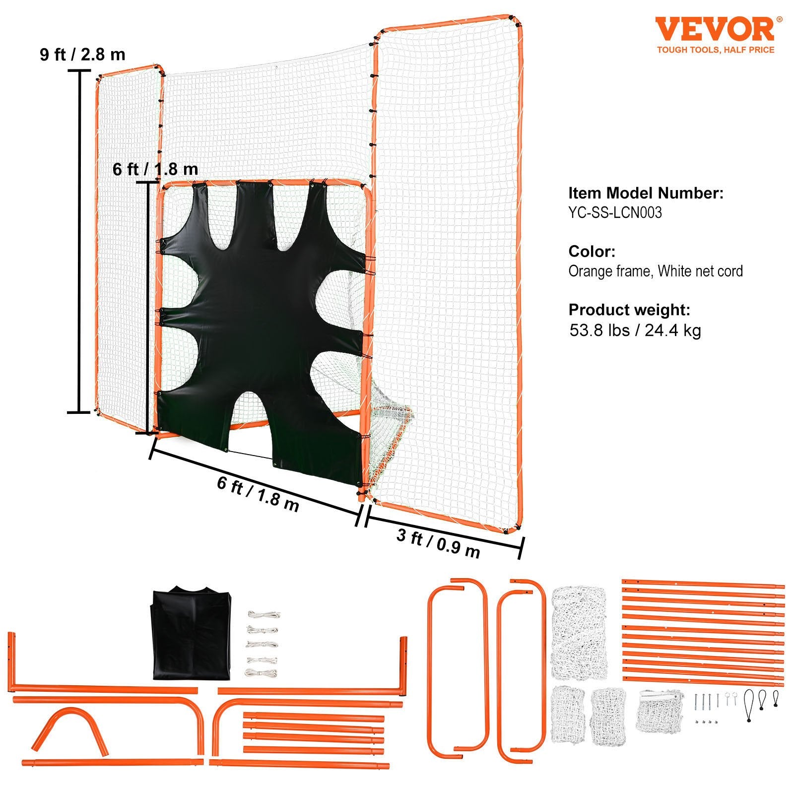3-IN-1 Lacrosse Goal with Backstop and Target,3.7mx2.7m Lacrosse Net, Steel Frame Backyard Lacrosse Rebounder Equipment, Quick & Easy Setup Training Net, Perfect for Youth Adult Training, Orange