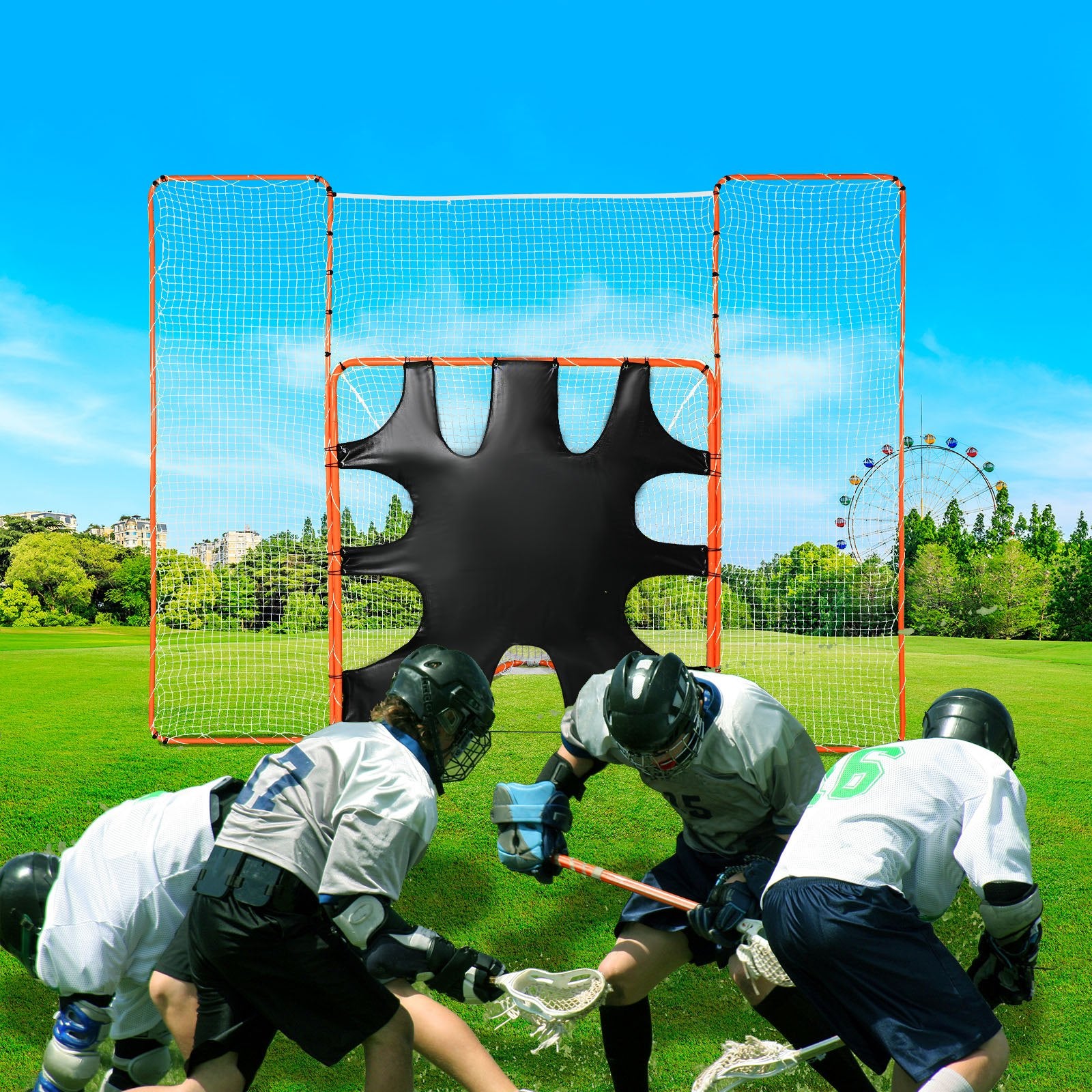3-IN-1 Lacrosse Goal with Backstop and Target,3.7mx2.7m Lacrosse Net, Steel Frame Backyard Lacrosse Rebounder Equipment, Quick & Easy Setup Training Net, Perfect for Youth Adult Training, Orange