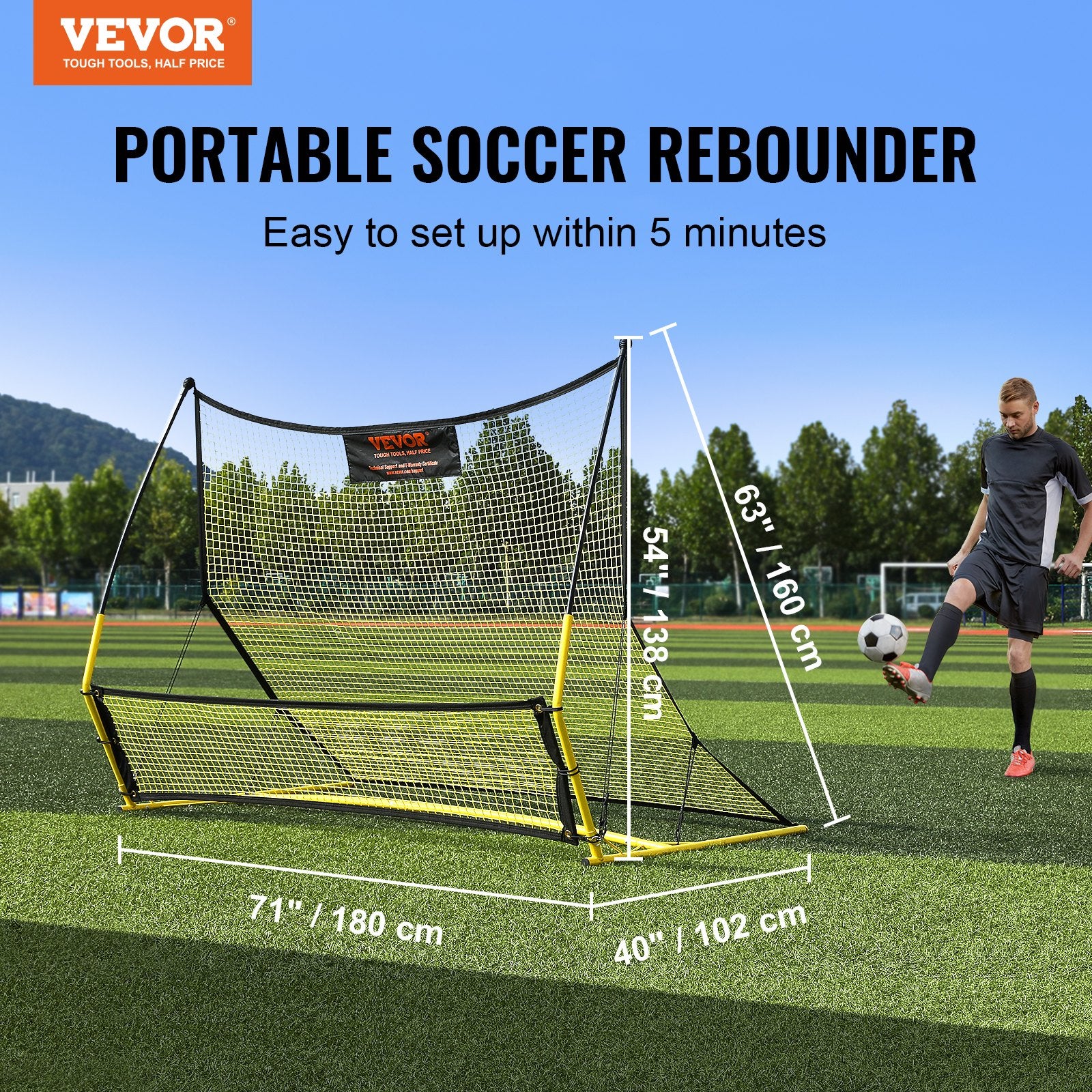 Soccer & Soccer Accessories: VEVOR Soccer Trainer, 2-IN-1 Portable Soccer Rebounder Net, Iron Soccer Practice Equipment, Sports Football Rebounder Wall with Portable Bag, Perfect for Team Solo Training, Passing, Volley