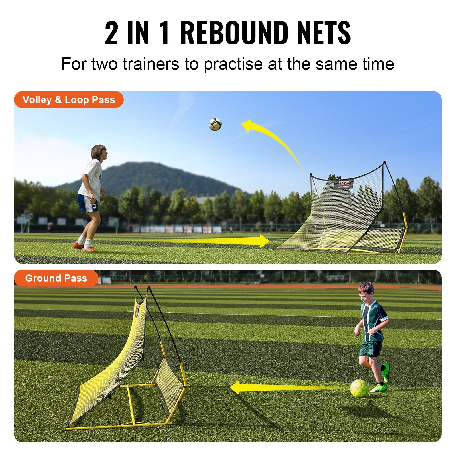Soccer & Soccer Accessories: VEVOR Soccer Trainer, 2-IN-1 Portable Soccer Rebounder Net, Iron Soccer Practice Equipment, Sports Football Rebounder Wall with Portable Bag, Perfect for Team Solo Training, Passing, Volley