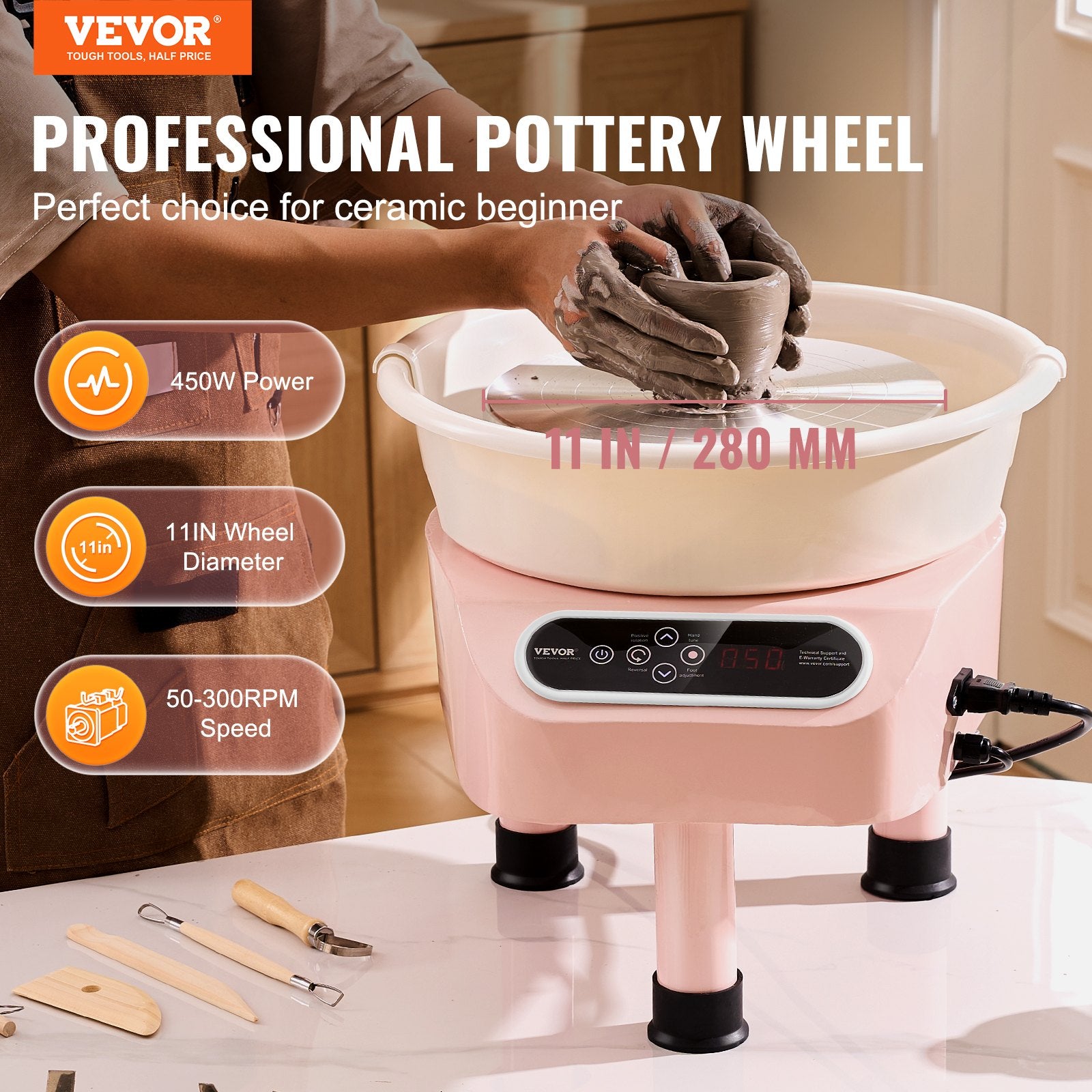 Pottery Wheel, 11 inch Pottery Forming Machine, 450W Electric Wheel for Pottery with Foot Pedal and LCD Touch Screen, Direct Drive Ceramic Wheel with 3 Support Legs for DIY Art Craft, Pink