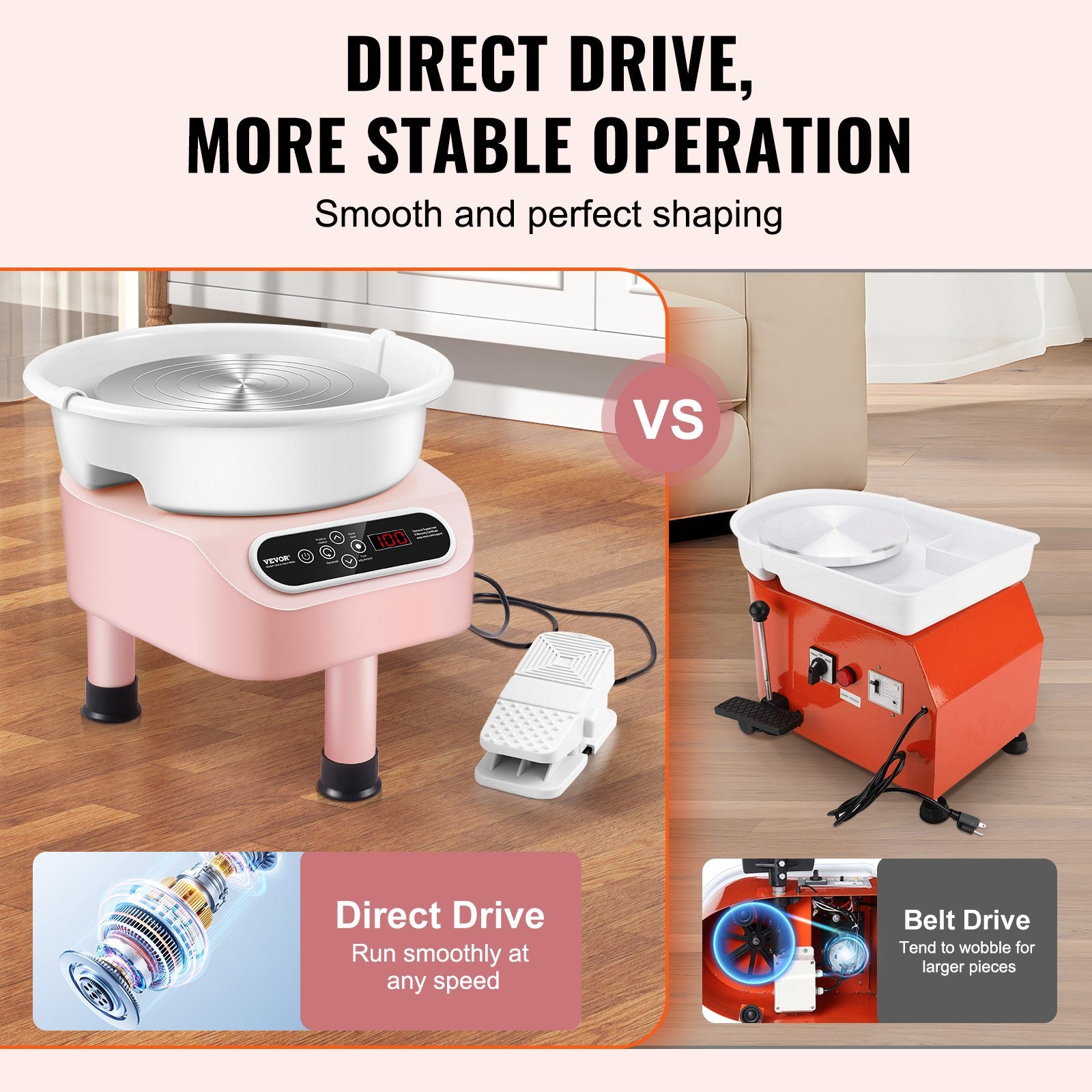 Pottery Wheel, 11 inch Pottery Forming Machine, 450W Electric Wheel for Pottery with Foot Pedal and LCD Touch Screen, Direct Drive Ceramic Wheel with 3 Support Legs for DIY Art Craft, Pink