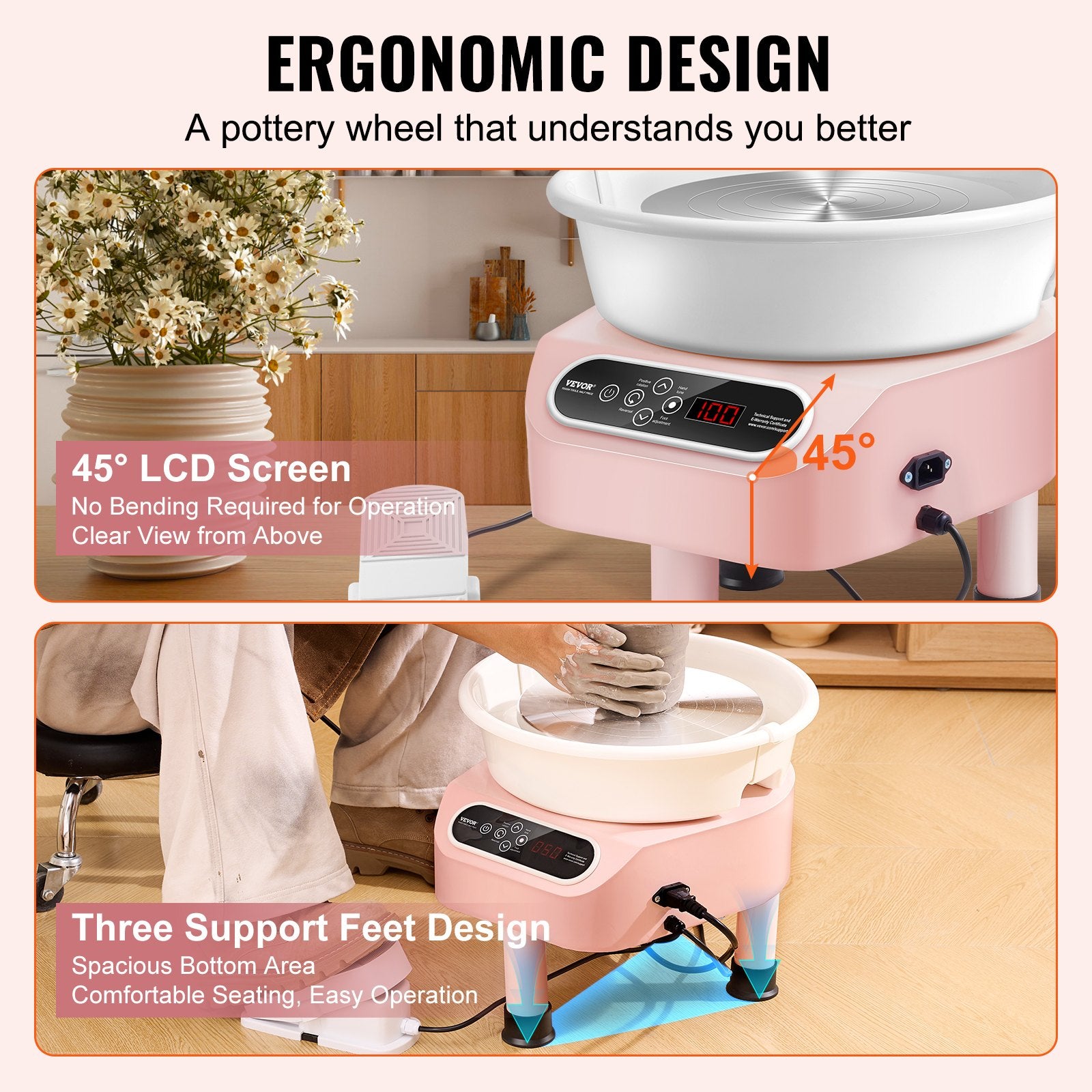Pottery Wheel, 11 inch Pottery Forming Machine, 450W Electric Wheel for Pottery with Foot Pedal and LCD Touch Screen, Direct Drive Ceramic Wheel with 3 Support Legs for DIY Art Craft, Pink