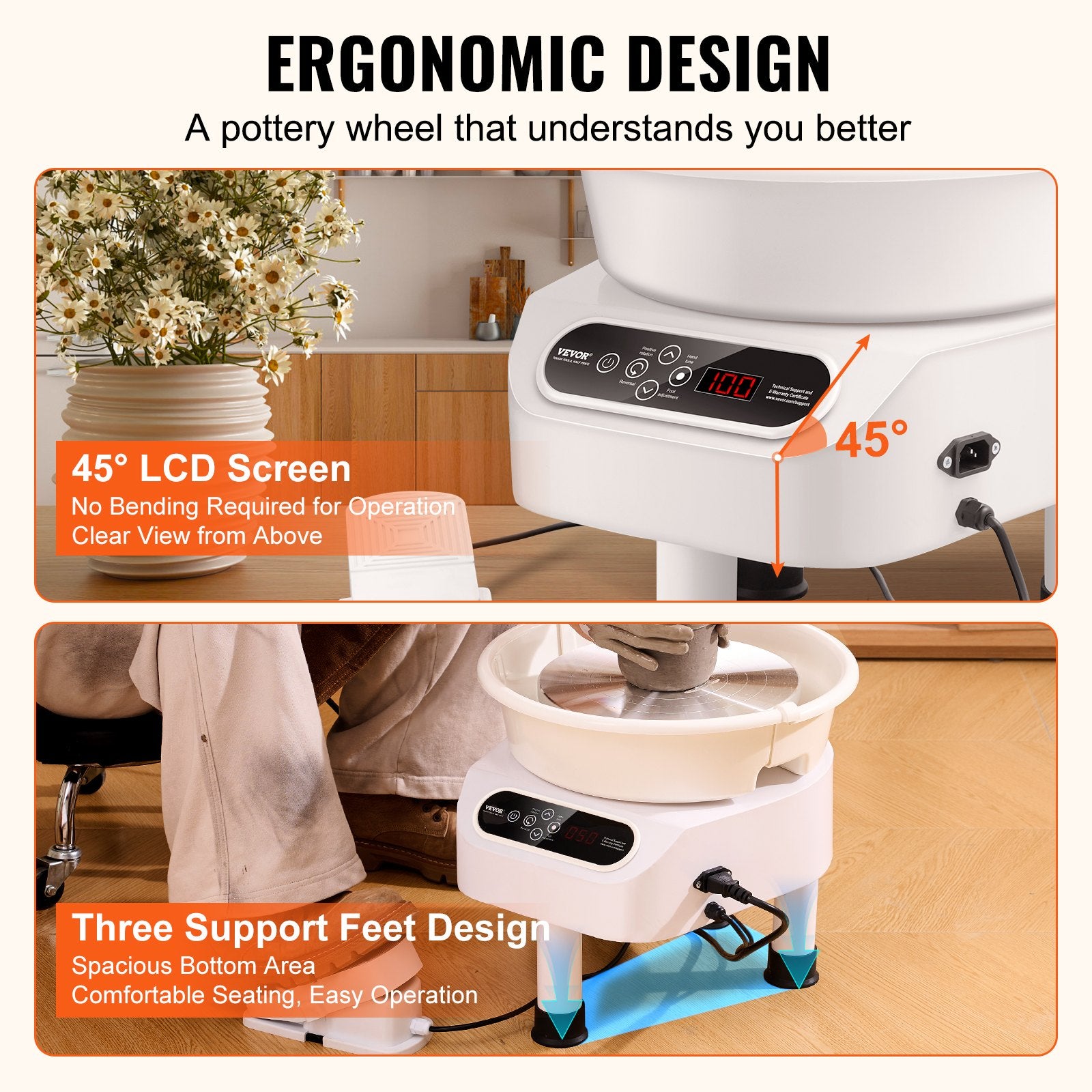 Mobility & Accessibility: VEVOR Pottery Wheel, 11 inch Pottery Forming Machine, 450W Electric Wheel for Pottery with Foot Pedal and LCD Touch Screen, Direct Drive Ceramic Wheel with 3 Support Legs for DIY Art Craft, White