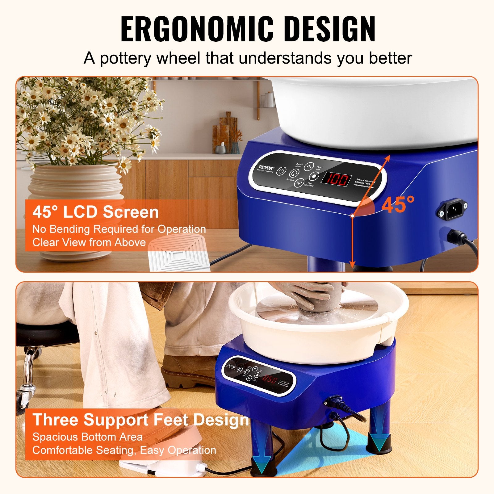 Mobility & Accessibility: VEVOR Pottery Wheel, 11 inch Pottery Forming Machine, 450W Electric Wheel for Pottery with Foot Pedal and LCD Touch Screen, Direct Drive Ceramic Wheel with 3 Support Legs for DIY Art Craft, Blue