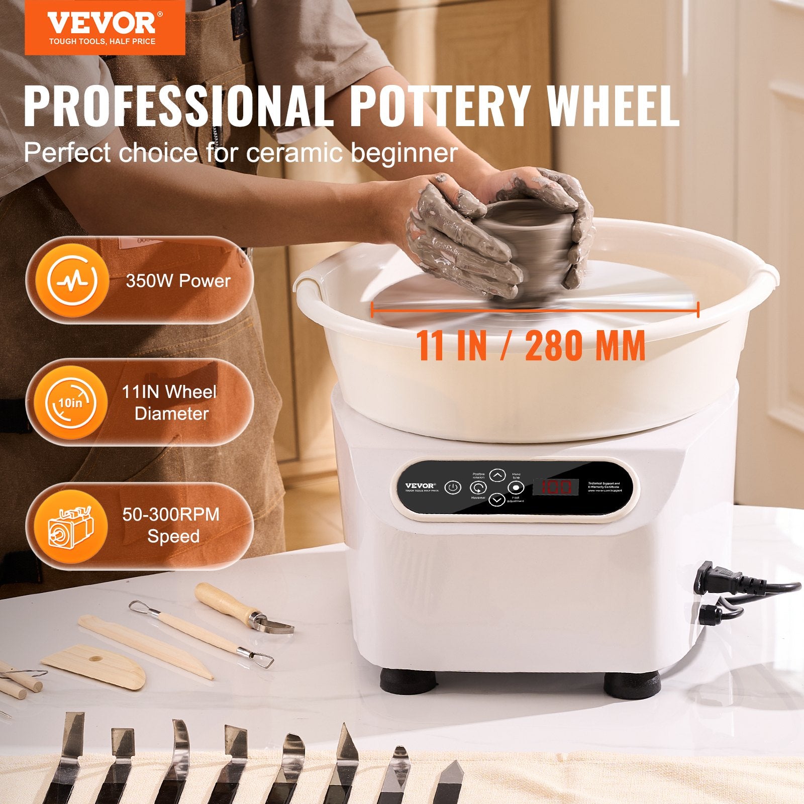 Kitchen Utensils: VEVOR Pottery Wheel, 11 inch Pottery Forming Machine, 350W Electric Wheel for Pottery with Foot Pedal and LCD Touch Screen, Direct Drive Ceramic Wheel with Shaping Tools for DIY Art Craft, White