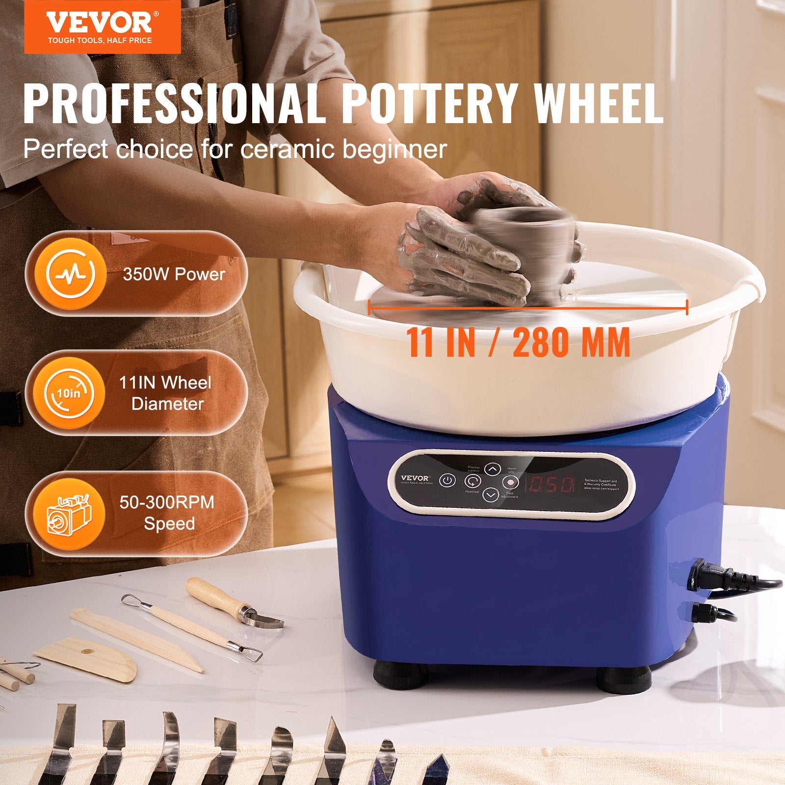 Kitchen Utensils: VEVOR Pottery Wheel, 11 inch Pottery Forming Machine, 350W Electric Wheel for Pottery with Foot Pedal and LCD Touch Screen, Direct Drive Ceramic Wheel with Shaping Tools for DIY Art Craft, Blue