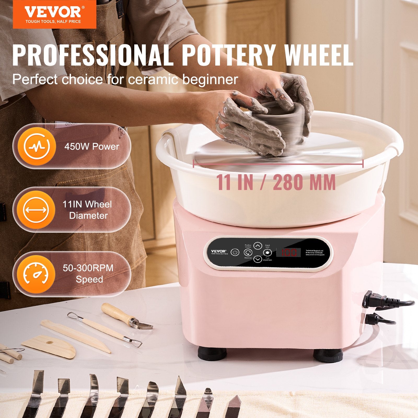 Kitchen Utensils: VEVOR Pottery Wheel, 11 inch Pottery Forming Machine, 450W Electric Wheel for Pottery with Foot Pedal and LCD Touch Screen, Direct Drive Ceramic Wheel with Shaping Tools for DIY Art Craft, Pink